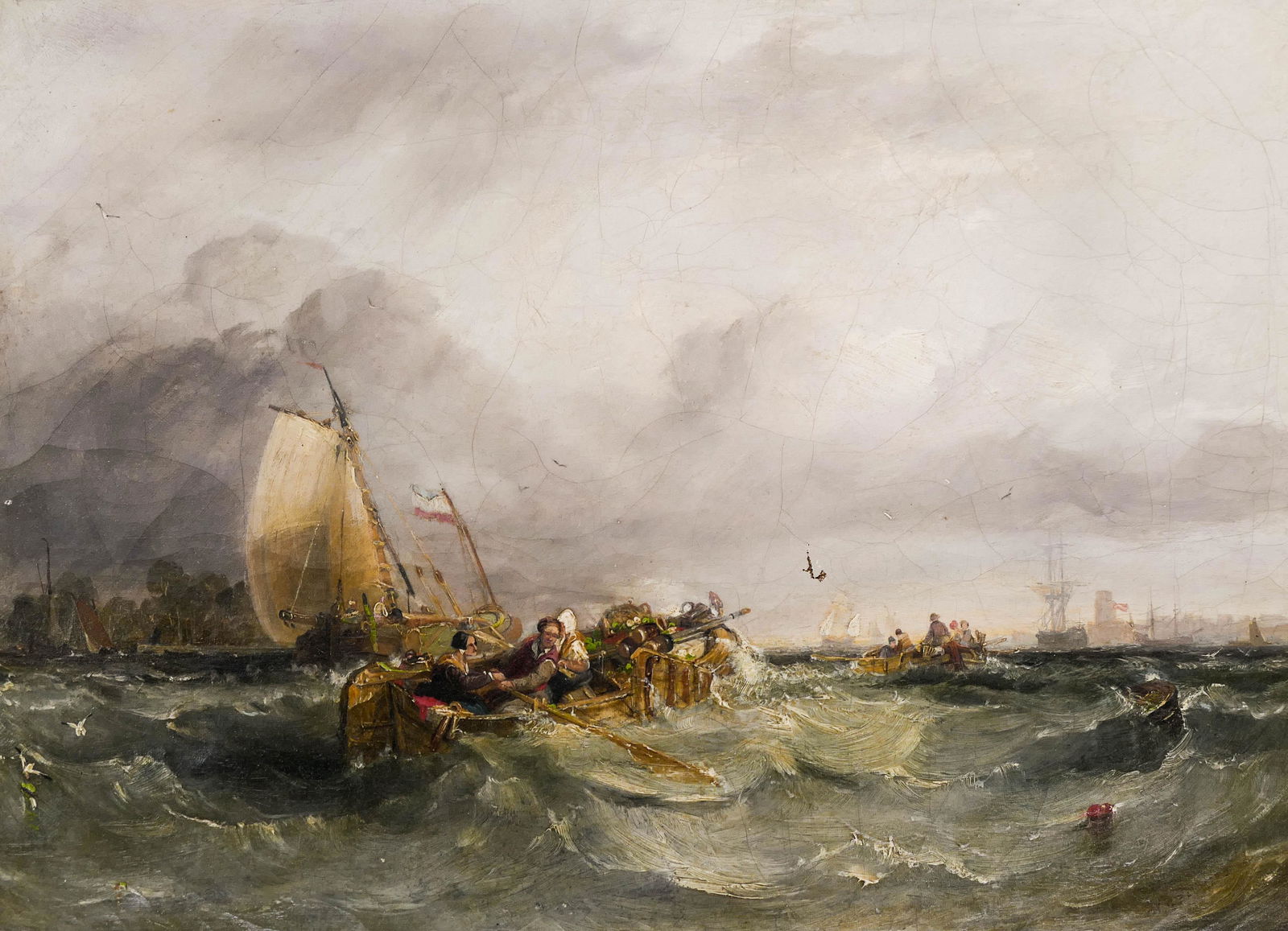 George Balmer (1806-1846 British) ''Market Boats,: George Balmer (1806-1846 British) ''Market Boats, Rotterdam'' 1831 Oil on Canvas 12''x16'' Image. A turbulent harbor scene with various boats in the water. Signed l.r. and titled on verso. Gilt framin