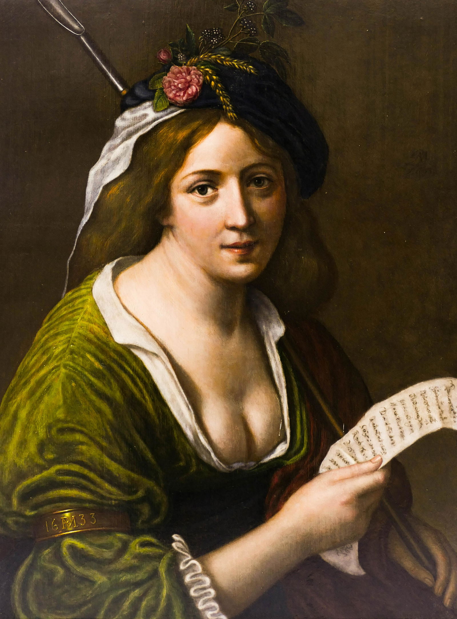 Attributed to Paulus Moreelse (1571-1638 Dutch): Attributed to Paulus Moreelse (1571-1638 Dutch) Portrait of a Woman 1633 Oil on Panel 27''x21.5'' Image. Old Master painting depicting a seated beauty holding a grain measure and written page. Initial