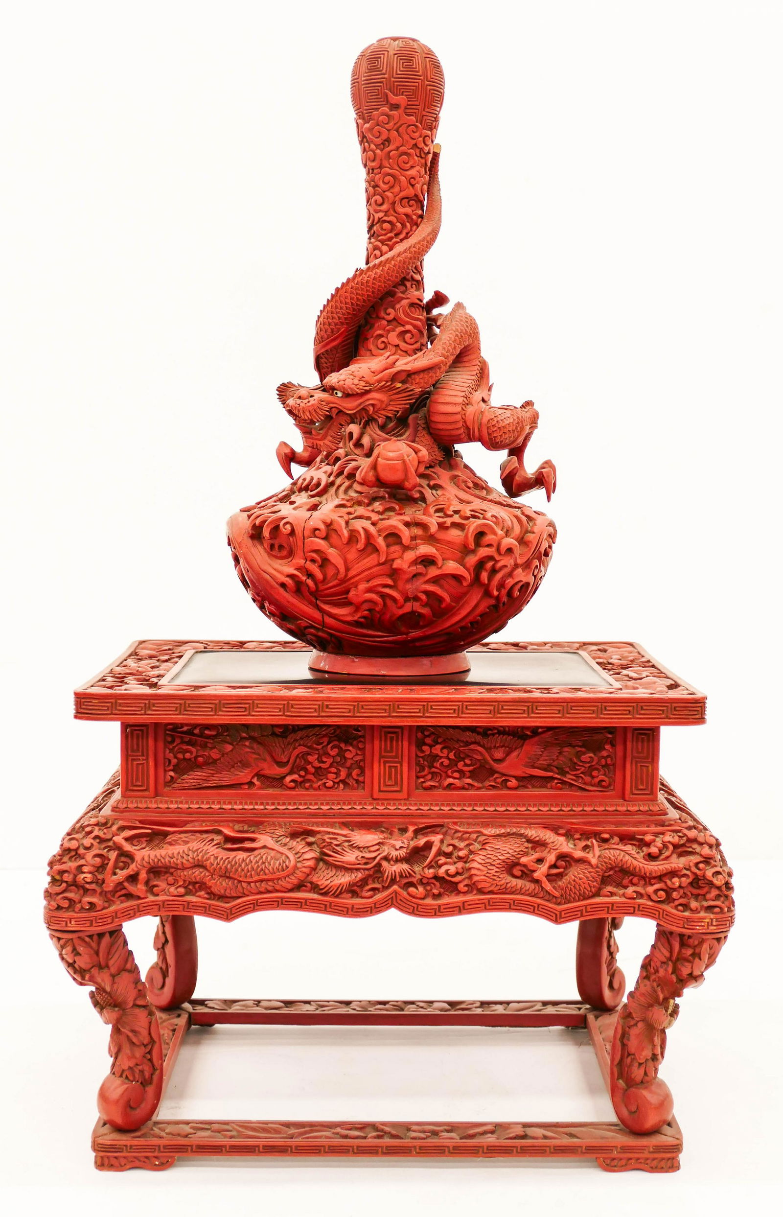 2pc Japanese Meiji Lacquered Dragon Vase with Display (1 of 4)