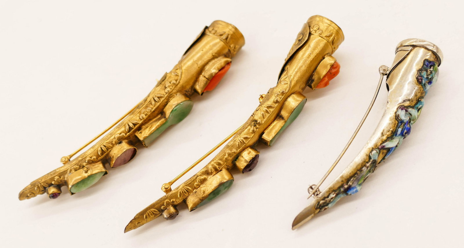 3pc Old Chinese Nail Guard Brooches. Includes a pair of (1 of 2)
