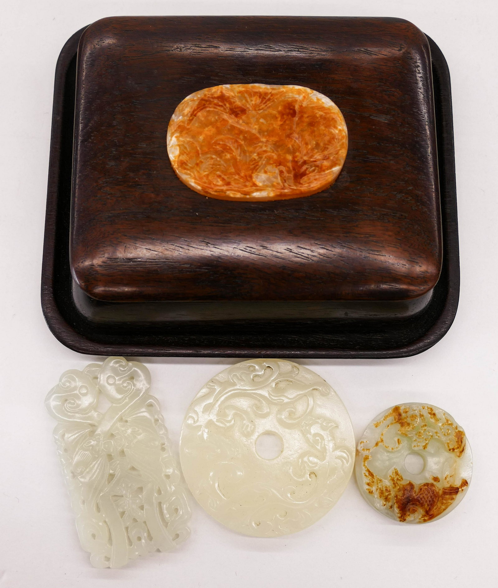 4pc Chinese Jade Pendants & Rosewood Box. Includes a (1 of 2)