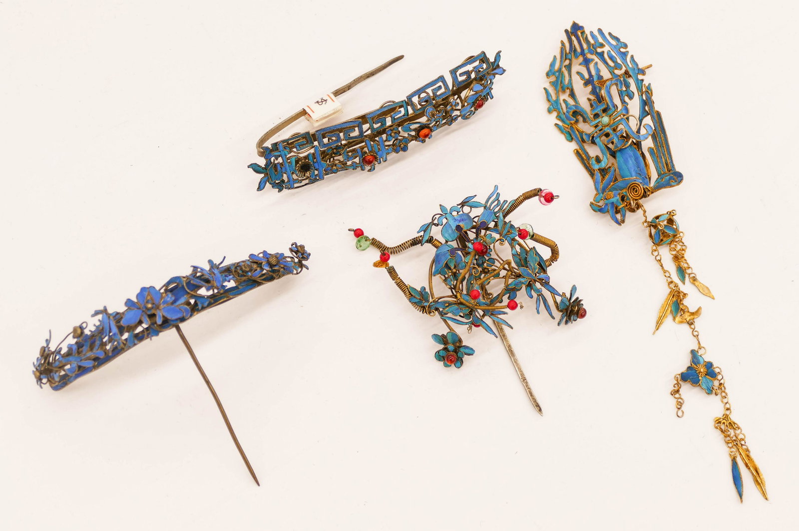 4pc Chinese 19th Cent. Kingfisher Feather Hair (1 of 3)