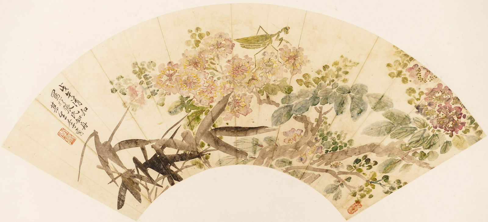 Yu Li (1843-1903 Chinese) Praying Mantis Fan Painting (1 of 5)