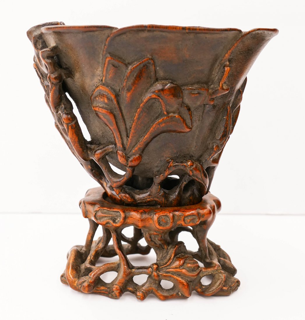 Chinese Sandlewood Carved Libation Cup 6.5" (1 of 2)