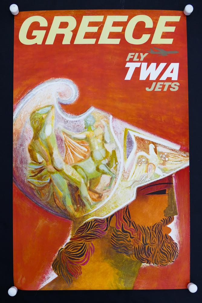 4pc David Klein TWA Airline Travel Posters: 4pc David Klein Illustrated TWA Airline Travel Posters. Includes posters for Greece (2) & Germany and Spain. All posters measure 40 x 25''. Posters are in overall good condition with strong colors. On