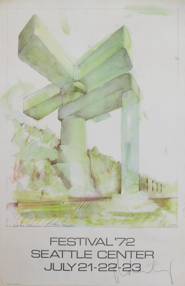 Claes Oldenburg Festival 72 Seattle Signed Poster: Claes Oldenburg (b.1929 New York) ''Festival '72'' 1972 Seattle Signed Poster 37''x24.5''. Pencil signed by artist l.r. Loose, unframed. Some light staining to edges with pin holes at corners. Strong