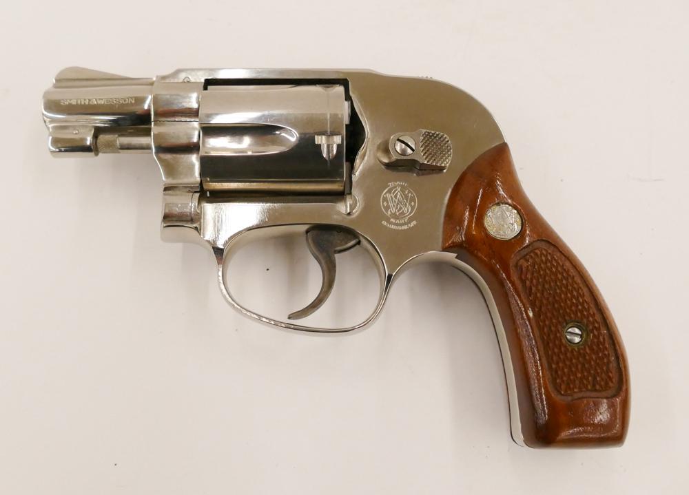 Smith & Wesson Model 49 Revolver: Smith & Wesson Model 49 38 Special Double Action Revolver. Serial #J746066. 2'' barrel, shrouded hammer, bright nickel finish, wood grips. Excellent condition. Lot requires FFL or background check mad