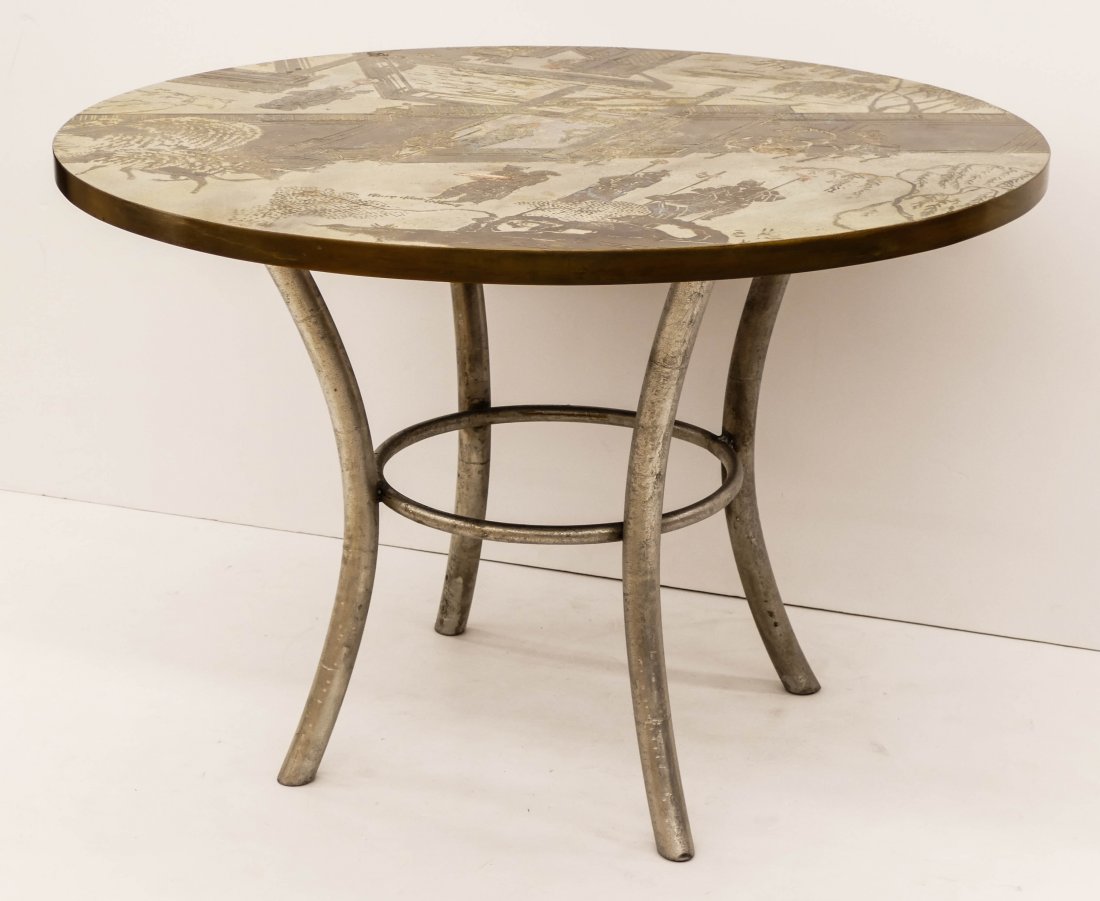 Philip & Kelvin LaVerne: Philip & Kelvin LaVerne ''Chan'' Round Game Table 27''x40''x40''. Chinoiserie acid etched and patinated top with brushed metal legs. Original paper label on bottom. Some slight scattered scratching to
