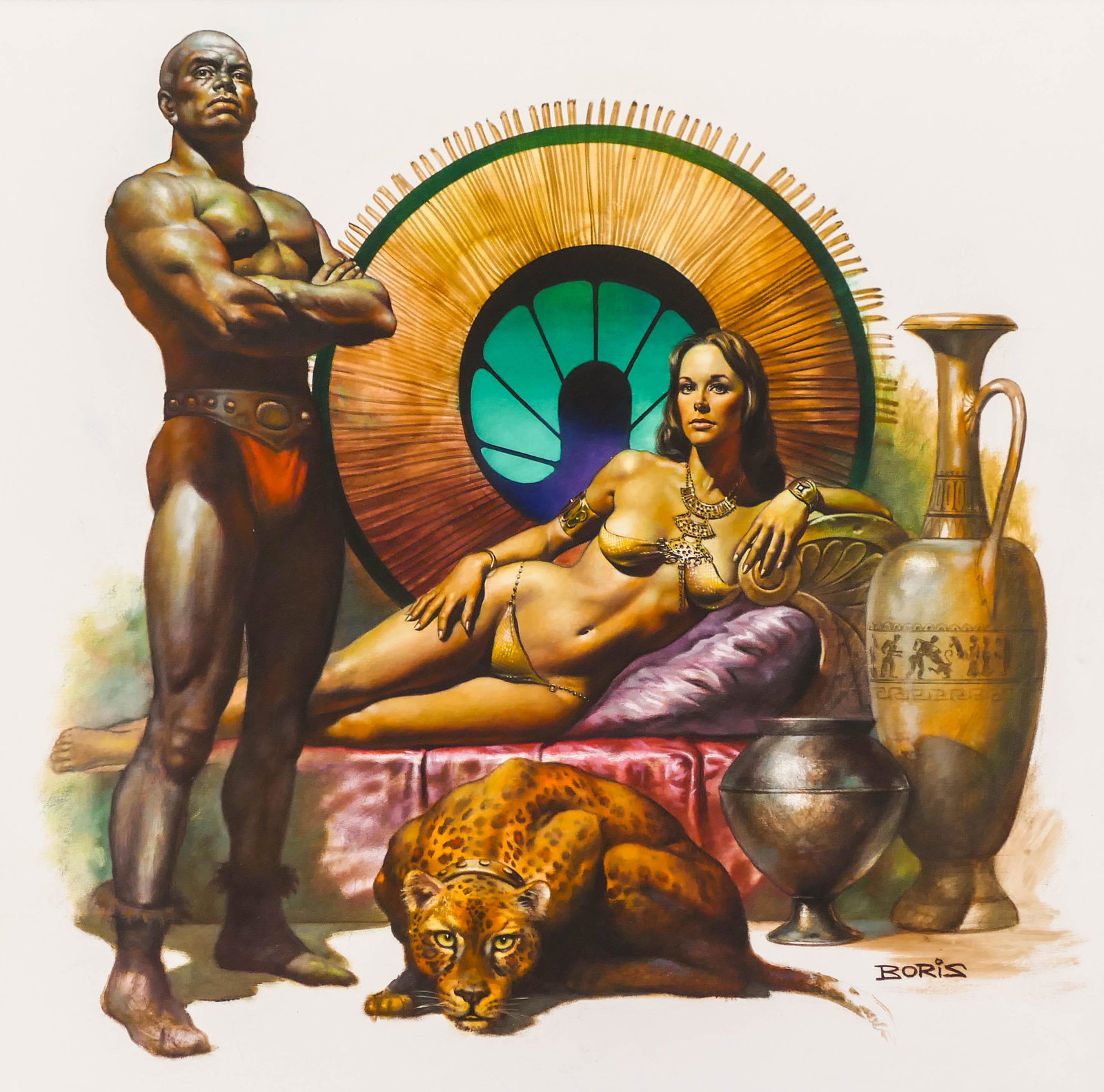 Boris Vallejo (b.1941 American) Goddess with Panther: Boris Vallejo (b.1941 American) Goddess with Panther Oil on Board 20''x20'' Image. An exceptional fantasy illustrator art scene of a reclining woman with panther. Signed l.r. Framed 26''x26''. Excelle
