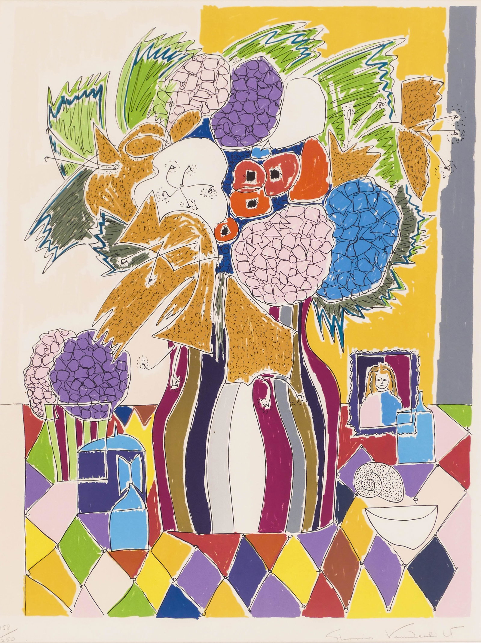 Gloria Vanderbilt ''Tiger Lilies'' Lithograph in Colors: Gloria Vanderbilt ''Tiger Lilies'' Lithograph in Colors 29''x23'' Sight. Pencil signed and numbered 158 of 250 edition lower margin. Framed 37''x30''. Excellent condition with strong colors.