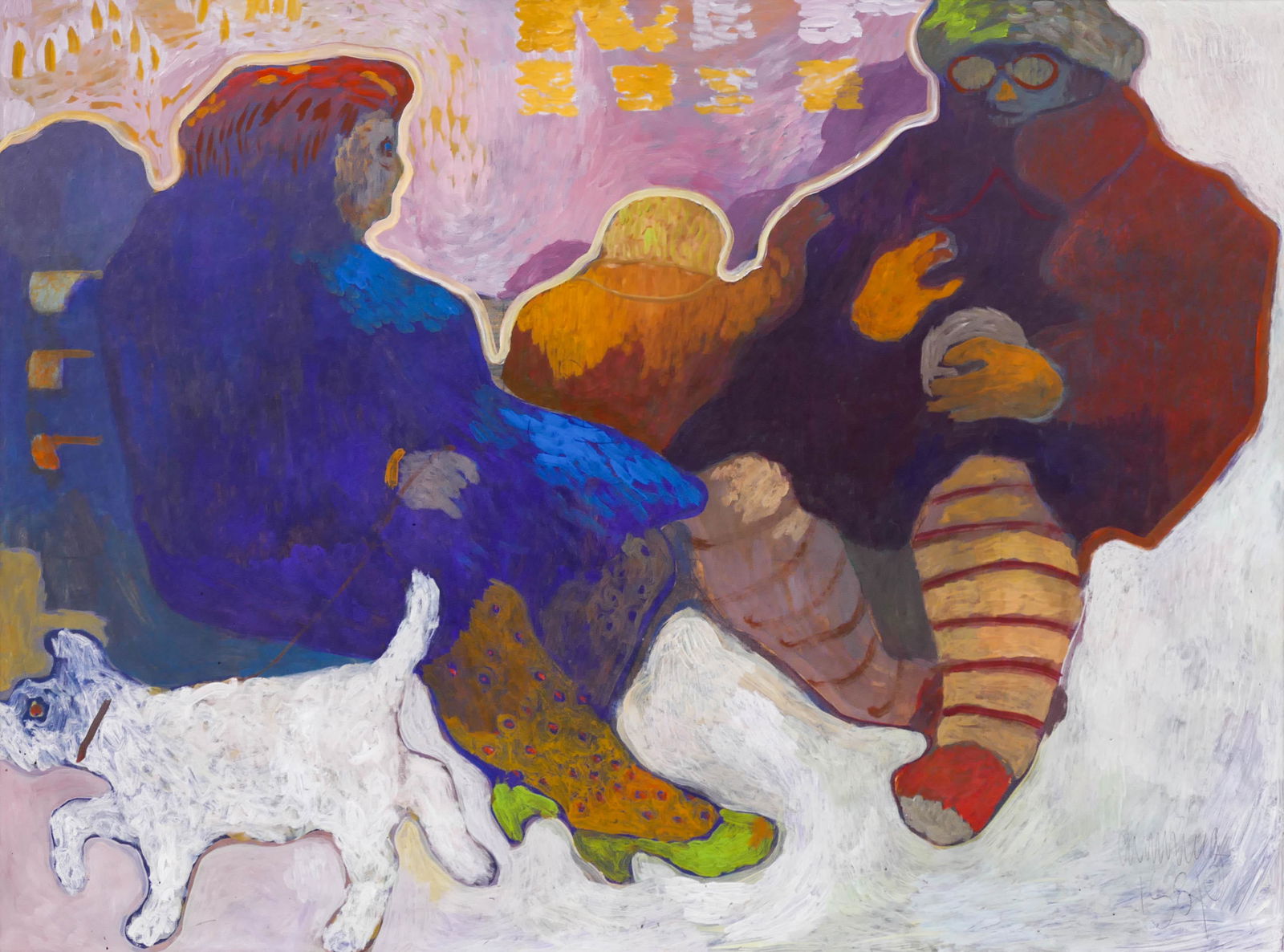 William Cumming (1917-2010 Washington) ''Belshazzars: William Cumming (1917-2010 Washington) ''Belshazzars Wives and Darling Little Dog'' 1981 Tempera on Masonite 36''x48'' Image. Impressive large composition with seated figures and dogs. Signed and date