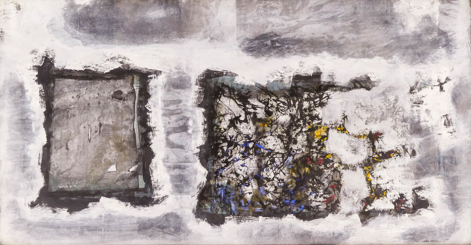 Carl Morris (1911-1993 Oregon) Untitled Stones 1957 Oil: Carl Morris (1911-1993 Oregon) Untitled Stones 1957 Oil on Paper 19''x36'' Image. A scarce early abstraction painted while guest teaching at The University of Colorado in 1957. Signed and dated l.r. F