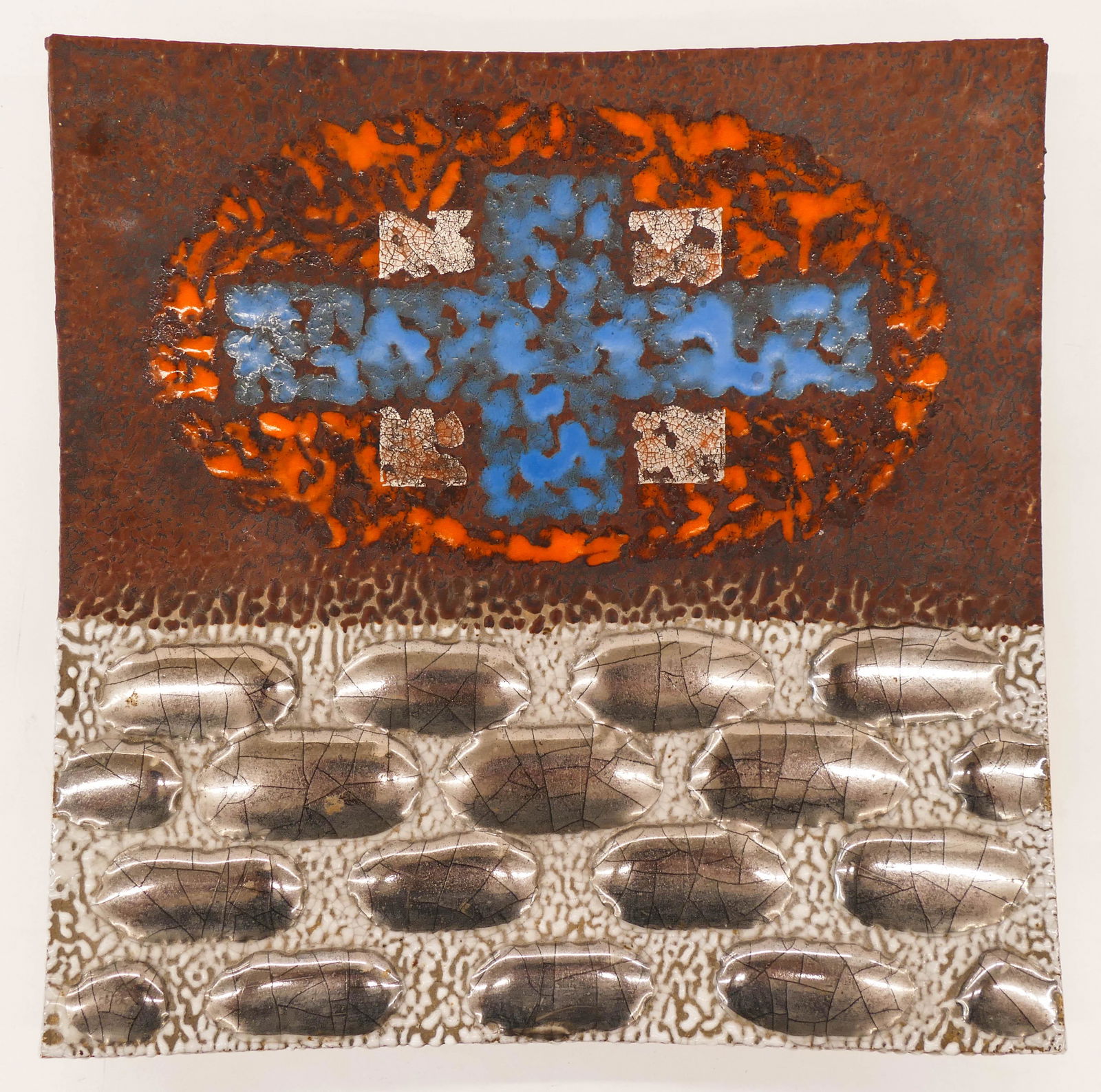 Robert Sperry (1927-1998 Washington) Cross Slab 1977: Robert Sperry (1927-1998 Washington) Cross Slab 1977 Glazed Stoneware 14.5''x14.5''. An unusual early slab with his silver luster and iron oxide glazes. Signed and dated on verso. Slight corner flake