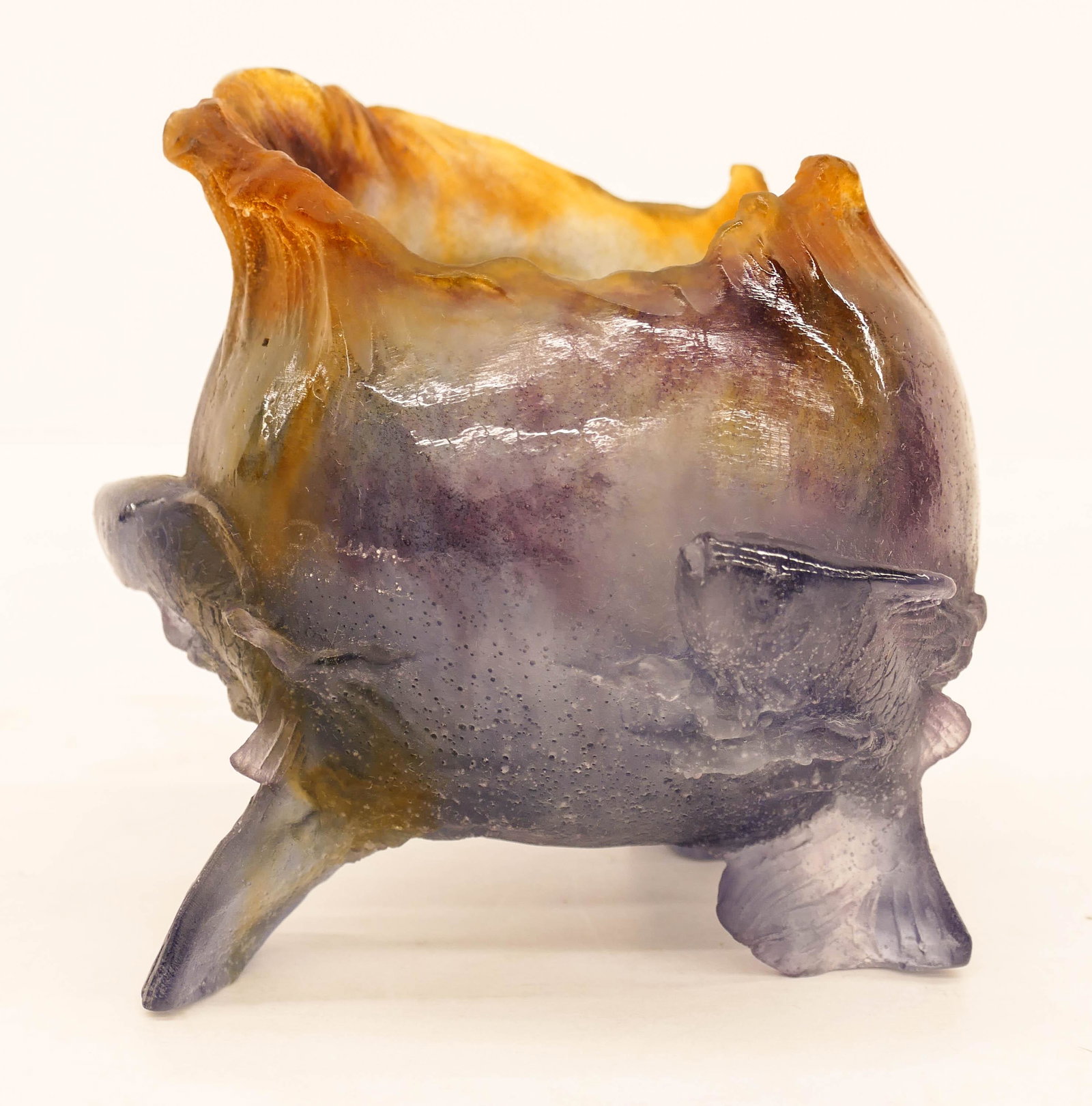 Daum ''Les Poissons'' Pate de Verre Glass Vase: Daum ''Les Poissons'' Pate de Verre Glass Vase 5.5''x5.5''. A tripod footed fish vase or rose bowl. Signed on side. Comes with foam fitted box. Excellent condition.