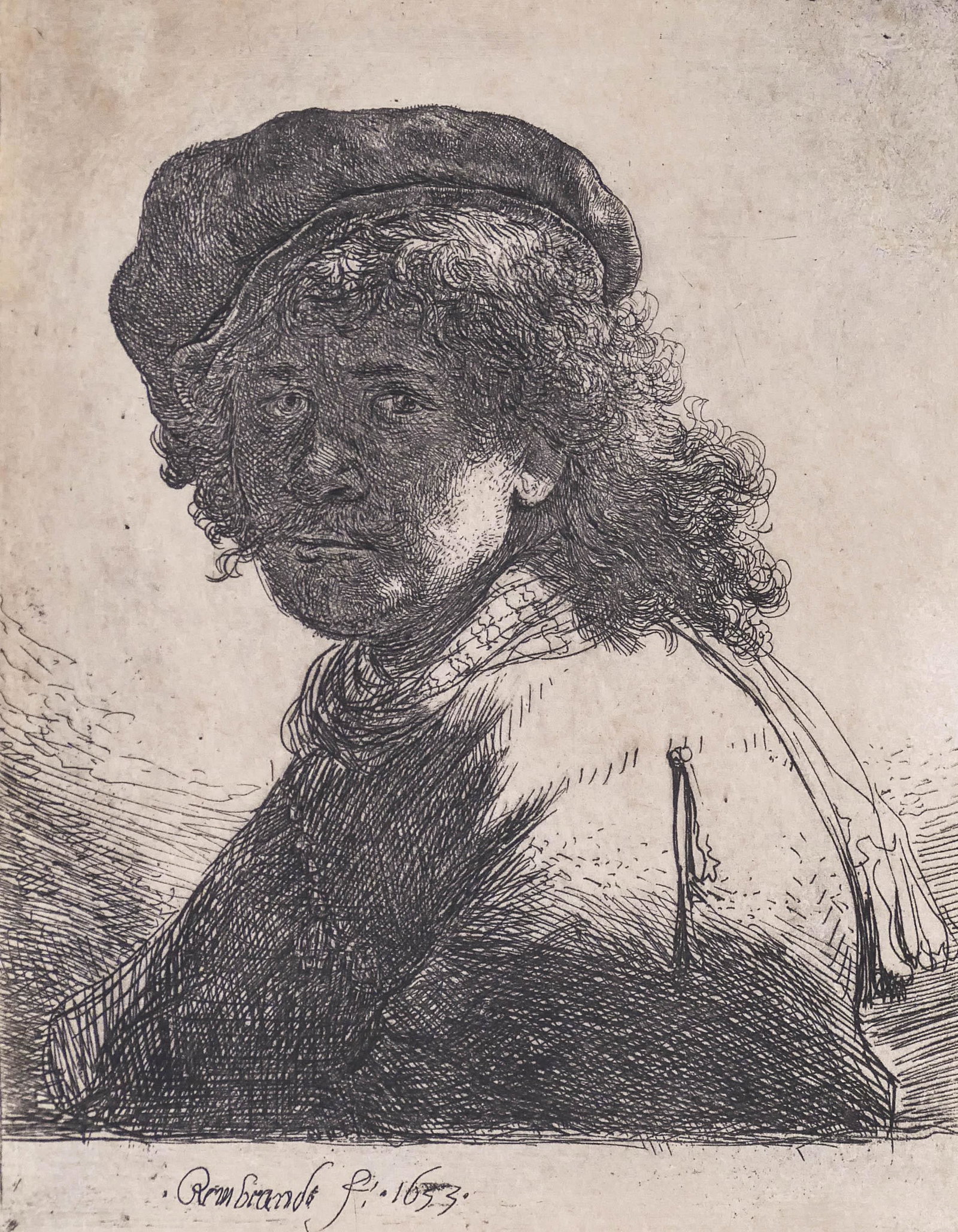 Rembrandt Van Rijn (1606-1669 Dutch) ''Self Portrait in: Rembrandt Van Rijn (1606-1669 Dutch) ''Self Portrait in a Cap and Scarf with the Face Dark'' 1633 Etching on Laid Paper 5.25''x4'' Sheet. Plate signed and dated l.l. image. Second and final state (B.1