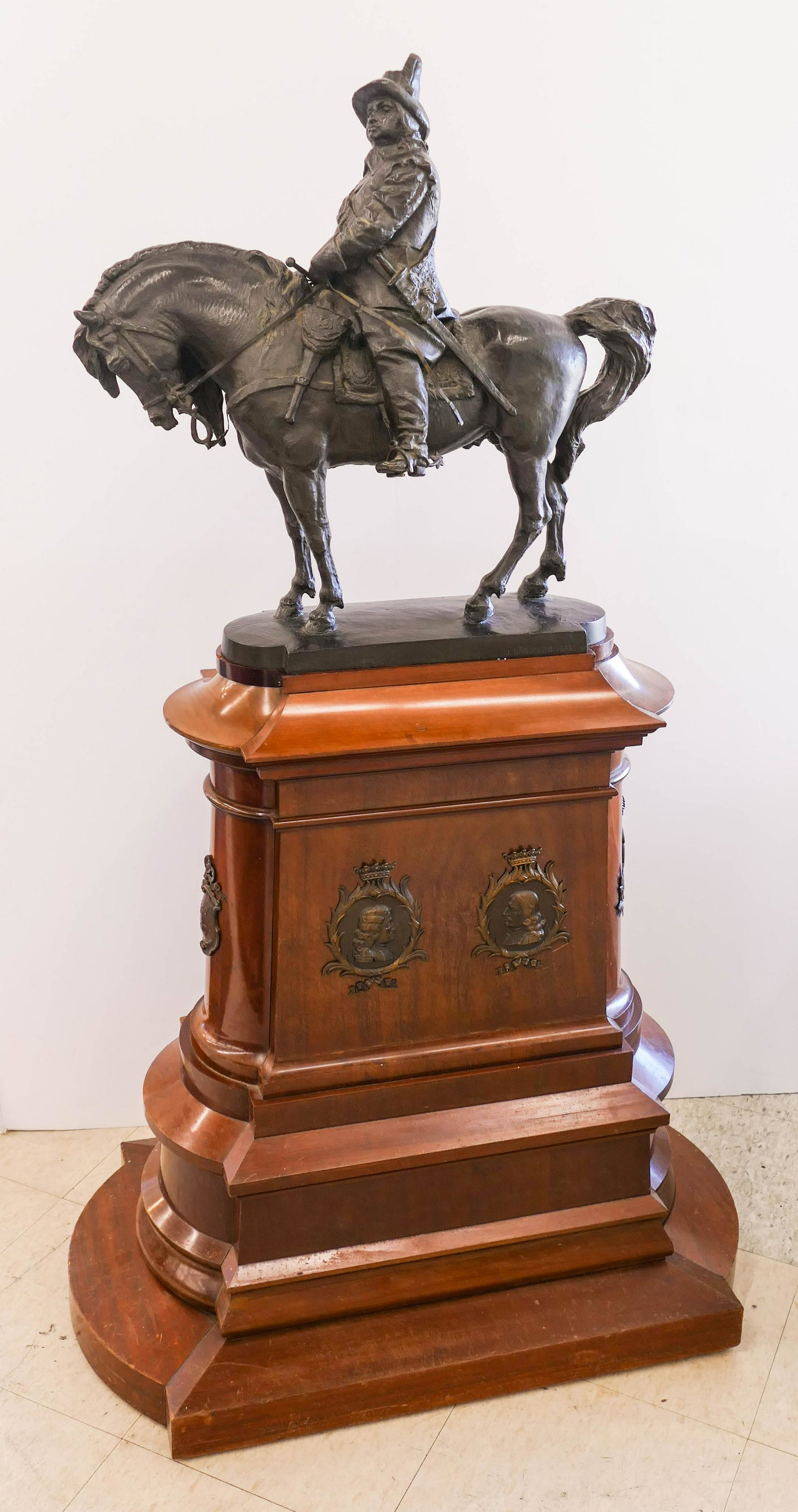 John Borjeson (1835-1910 Sweden): John Borjeson (1835-1910 Sweden) ''King Karl X Gustav'' 1895 Bronze Maquette Sculpture on Custom Wood Pedestal 57''x30''. An equestrian bronze of King Karl on horseback measuring 23.5''x24'' without p