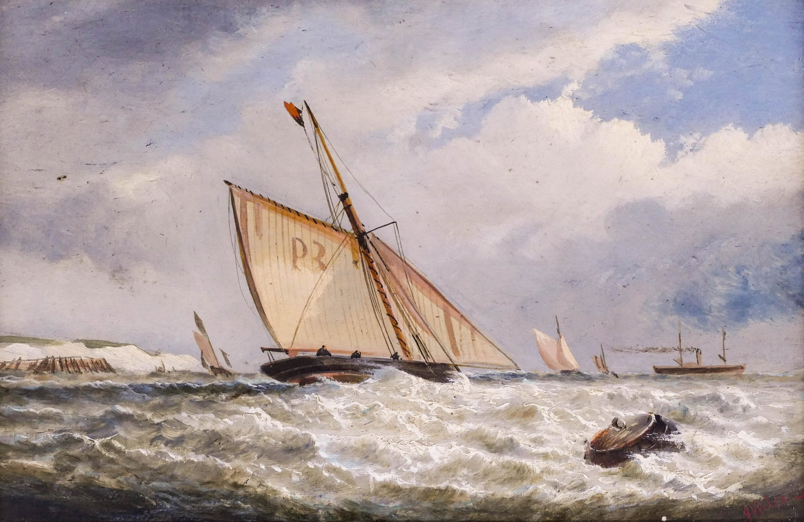John James Wilson (1818-1875 British) Sailboat on Seas: John James Wilson (1818-1875 British) Sailboat on Seas Oil on Canvas 8''x12'' Image. Signed l.r. Ornate framing 18''x22''. Professionally cleaned. Excellent condition.
