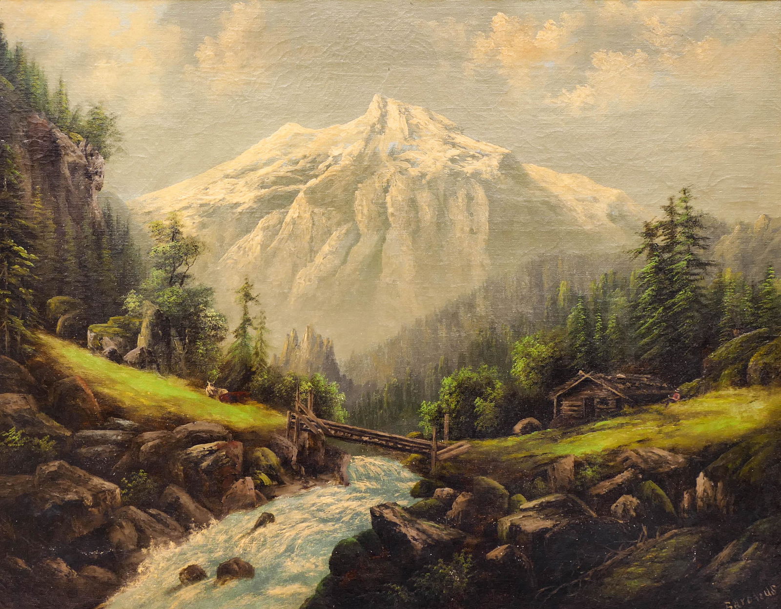 Eliza Barchus (1857-1959 Oregon) Mount Shasta Landscape: Eliza Barchus (1857-1959 Oregon) Mount Shasta Landscape Oil on Canvas 20''x25.5'' Image. An early large landscape with bridge and cabin. Signed l.r. Original framing 25''x30''. Professionally cleaned