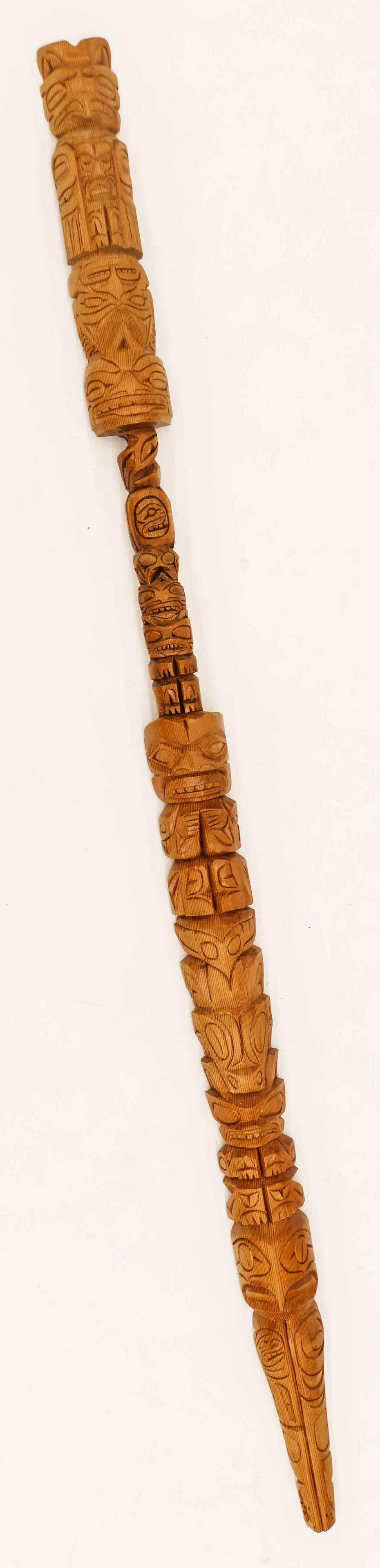 Ed Raub (b.1976 Makah) Totemic Dance Staff Cedar: Ed Raub (b.1976 Makah) Totemic Dance Staff Cedar 52''x3''. A Northwest Coast native carved cedar dance pole. Signed on verso. A few minor edge chips. Overall excellent condition.