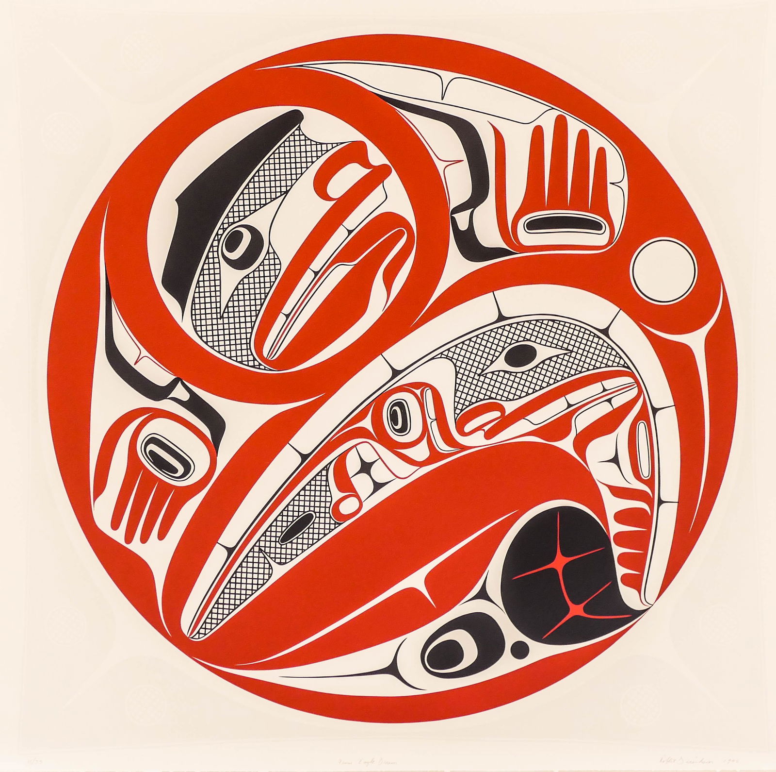 Robert Davidson (b.1946 Haida) ''From Eagle Drum'' 1990: Robert Davidson (b.1946 Haida) ''From Eagle Drum'' 1990 Color Serigraph 22''x22'' Sheet. Pencil signed and numbered 11 of 75 edition lower margin. Gallery framed 30''x30''. Excellent condition with st