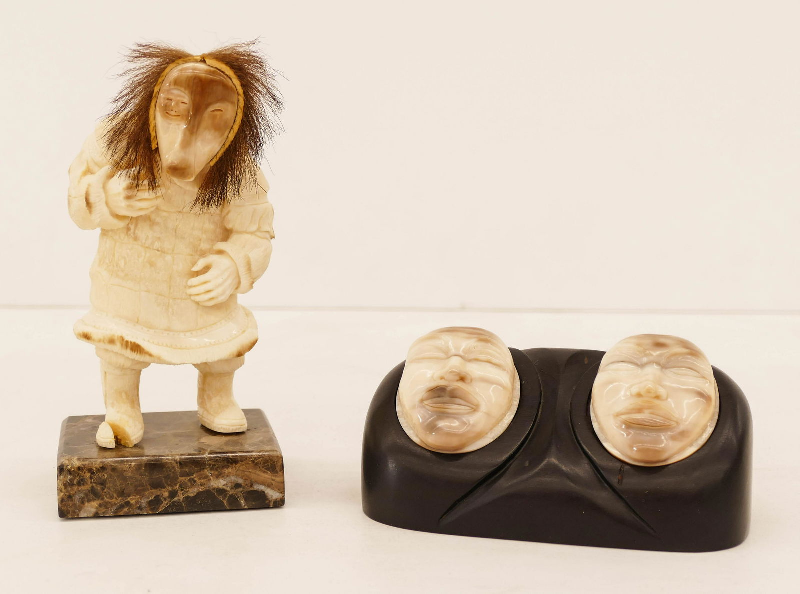 2pc Gregg Stradiotto (20th Cent. American) Yupik Native: 2pc Gregg Stradiotto (20th Cent. American) Yupik Native Dancer and Double Portrait Box. Includes a carved dancer with removable mask 6''. Also a double portrait box with ebony 2.5''x5''. Both signed o