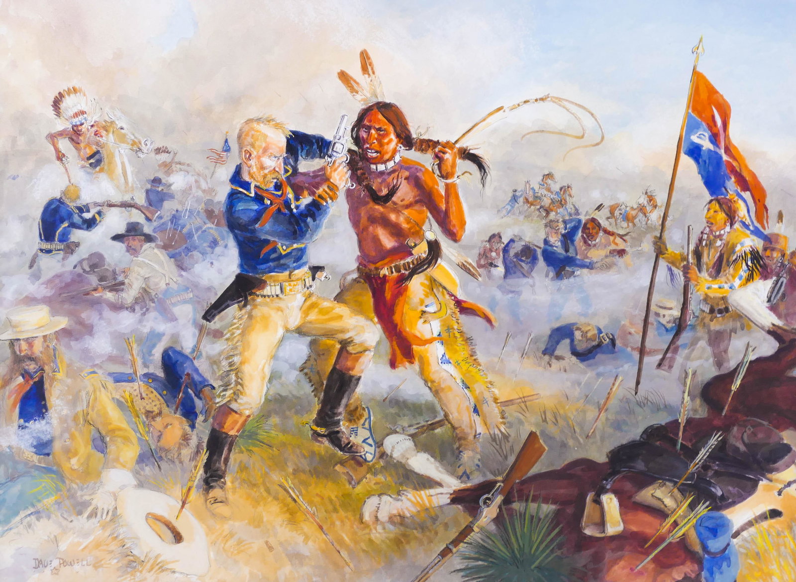 Dave Powell (b.1954 Montana) ''White Bull Fights: Dave Powell (b.1954 Montana) ''White Bull Fights Morning Star: Bighorn Legend Series'' Watercolor and Gouache on Paper 15''x20'' Image. An exceptional western historic scene. Signed l.l. with artist t