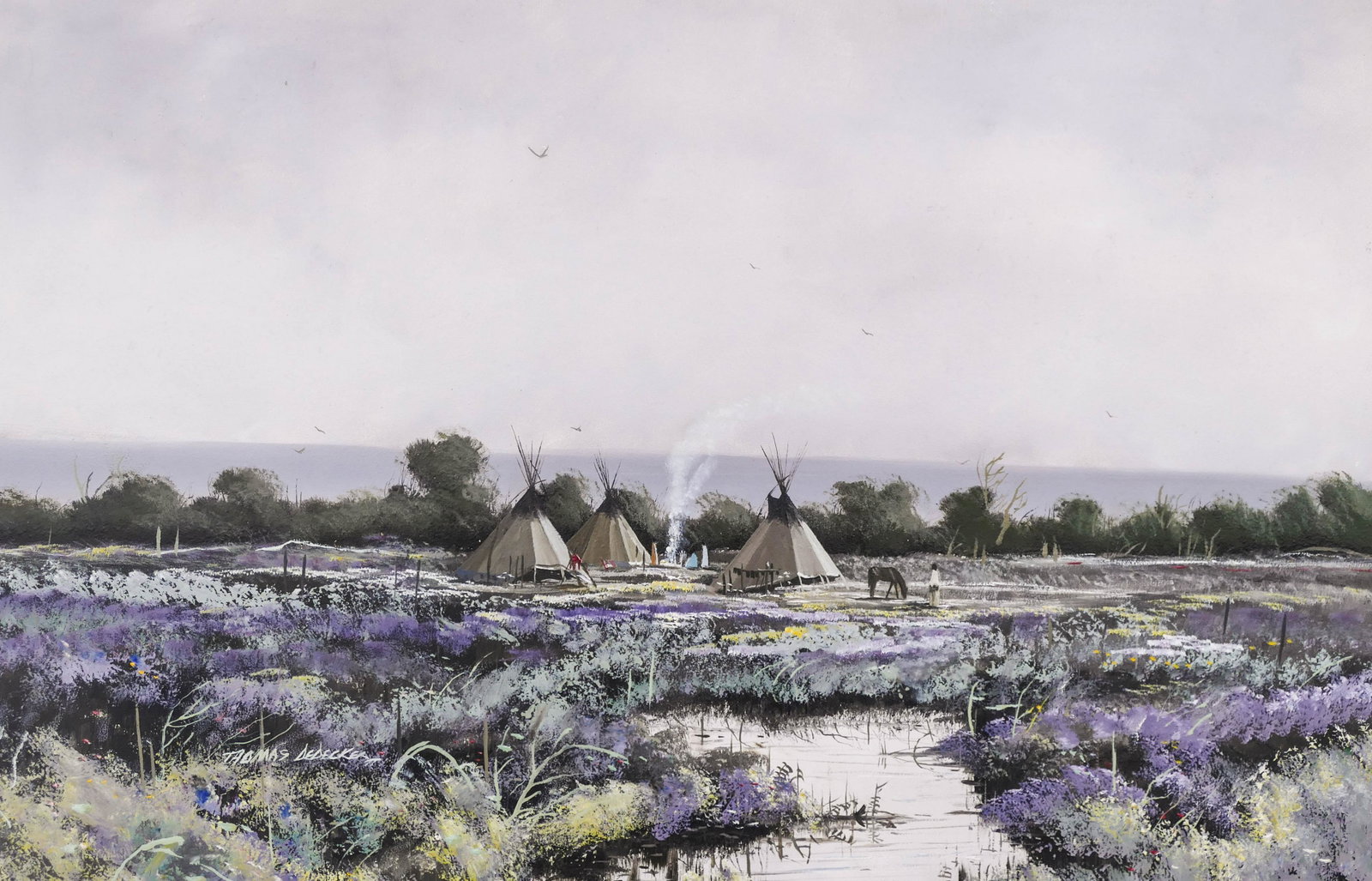 Thomas de Decker (b.1951 Wyoming) Indian Camp Landscape: Thomas de Decker (b.1951 Wyoming) Indian Camp Landscape 1977 Oil on Masonite 20''x30'' Image. A western composition with native teepees in spring landscape. Signed l.l. Framed 22''x32''. Excellent con
