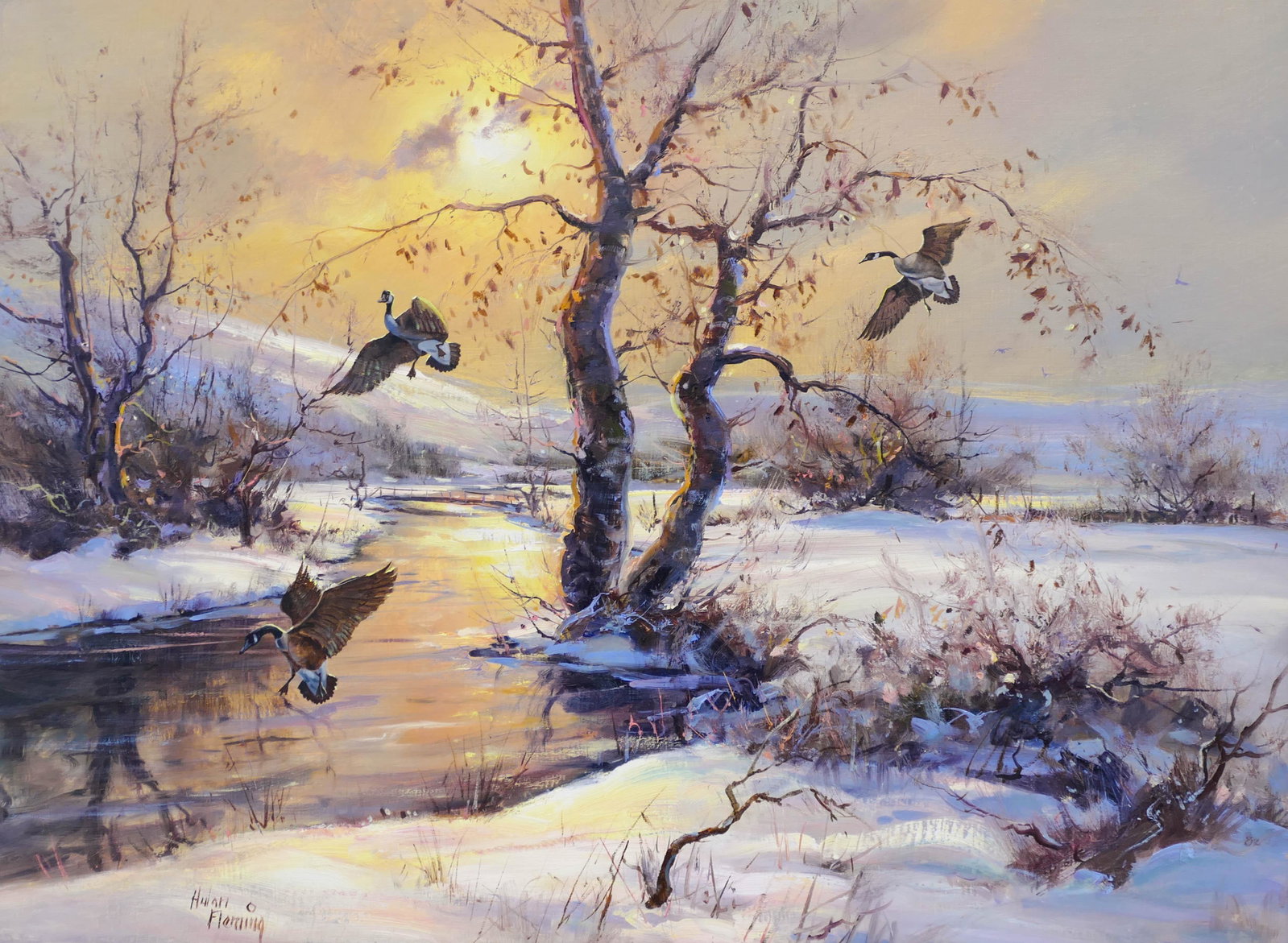 Hulan Fleming (b.1933 Washington) ''Morning Flight'': Hulan Fleming (b.1933 Washington) ''Morning Flight'' Oil on Masonite 18''x24'' Image. A winter sunset scene with geese in flight. Signed l.l. Original framing 26''x32''. Excellent condition.