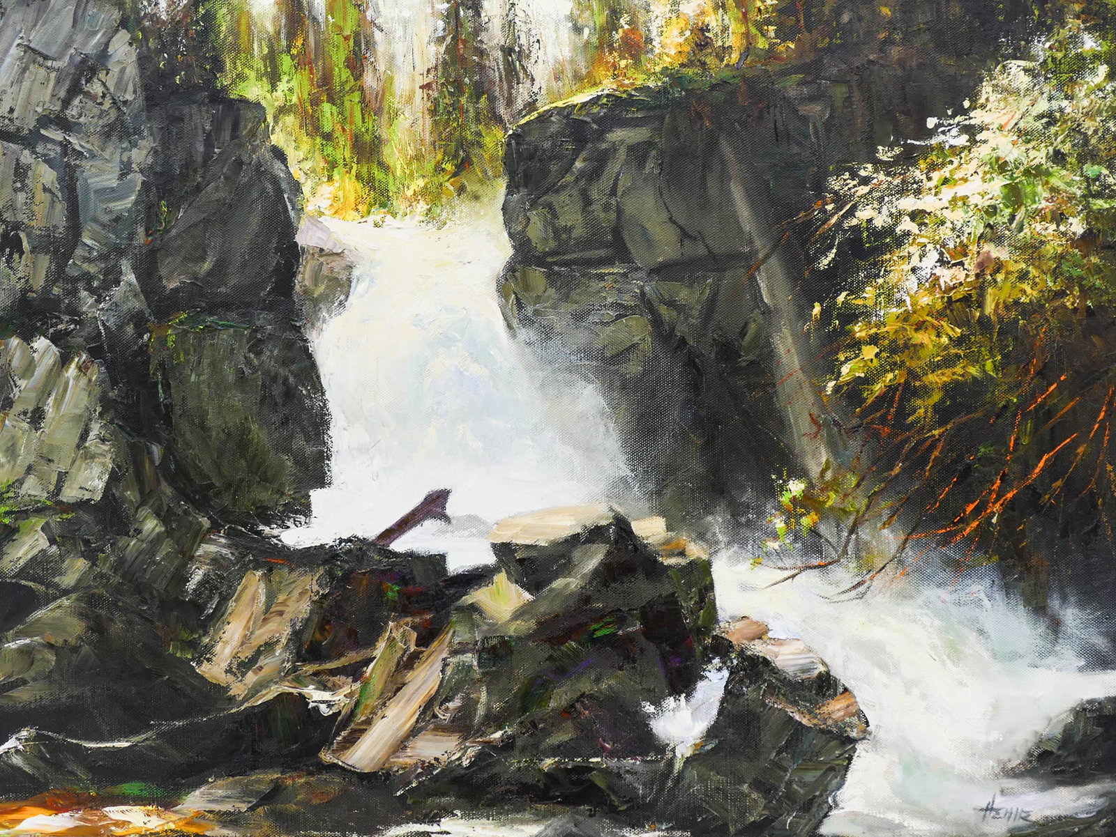 Ellen Henne Goodale (1915-1991 Alaska) Waterfall: Ellen Henne Goodale (1915-1991 Alaska) Waterfall (Valdez, Alaska) Oil on Canvas 30''x40'' Image. Impressive large impressionist composition. Signed l.r. Original framing 39''x49''. Excellent condition