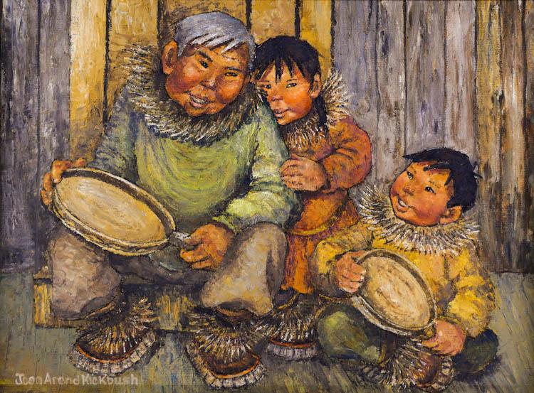 Joan Kickbush (1926-2006 Alaska) Eskimo Family Drumming: Joan Kickbush (1926-2006 Alaska) Eskimo Family Drumming Oil on Masonite 18''x24'' Image. Impressionist composition of native family with drums. Signed l.l. Original framing 27''x33''. Excellent condit
