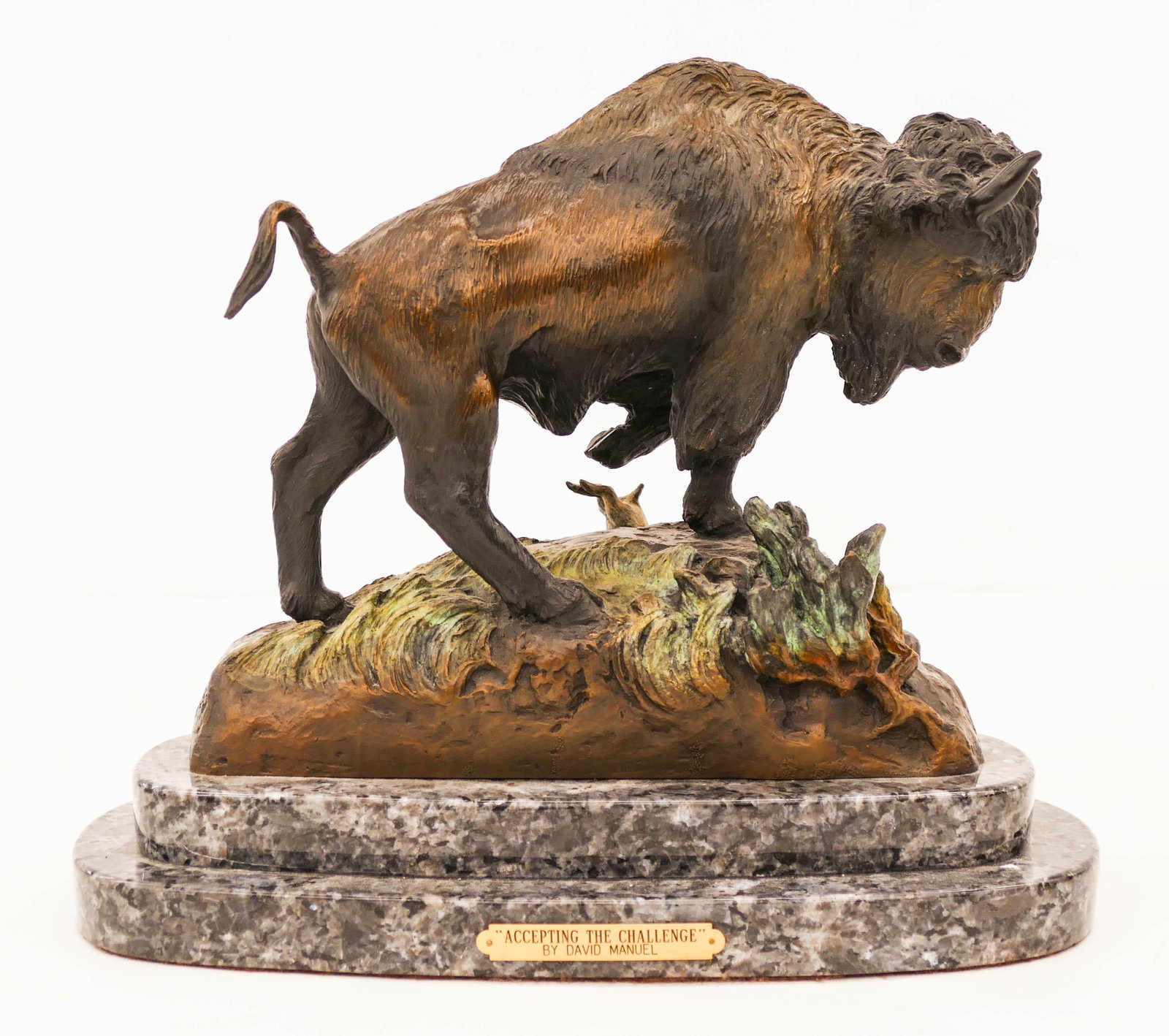 David Manuel (b.1940 Oregon) ''Accepting the: David Manuel (b.1940 Oregon) ''Accepting the Challenge'' 2006 Patinated Bronze Sculpture 9.5''x11''. Impressive western wildlife bronze of buffalo. Signed and numbered AP4, separate from the edition o