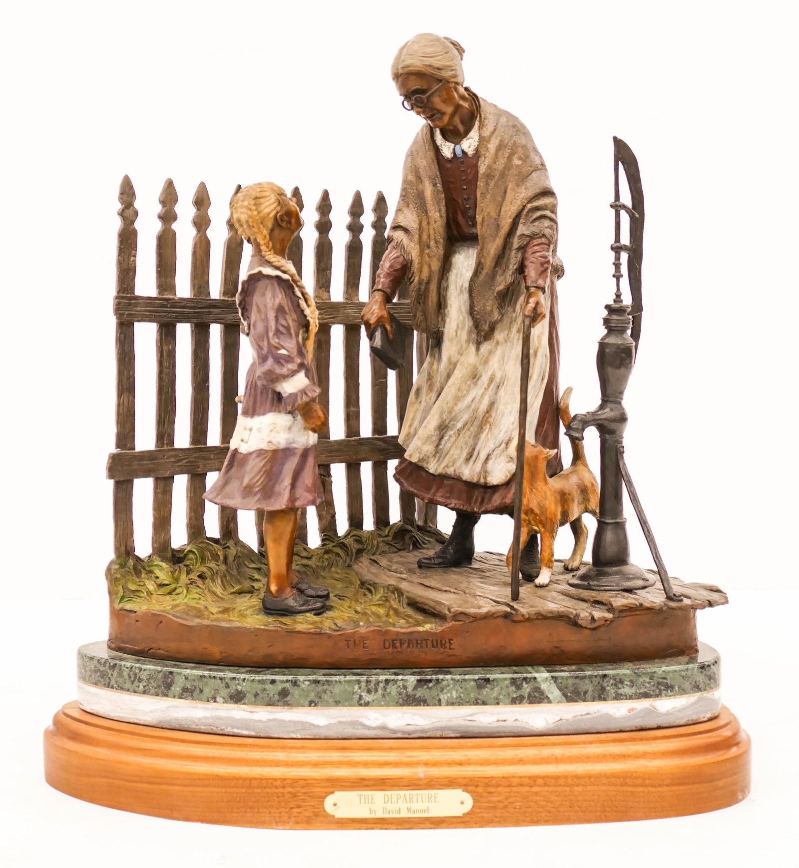 David Manuel (b.1940 Oregon) ''The Departure'' 2005: David Manuel (b.1940 Oregon) ''The Departure'' 2005 Patinated Bronze Sculpture 19''x18''. Impressive large western sculpture of a grandmother saying goodbye to her granddaughter. Signed and numbered A