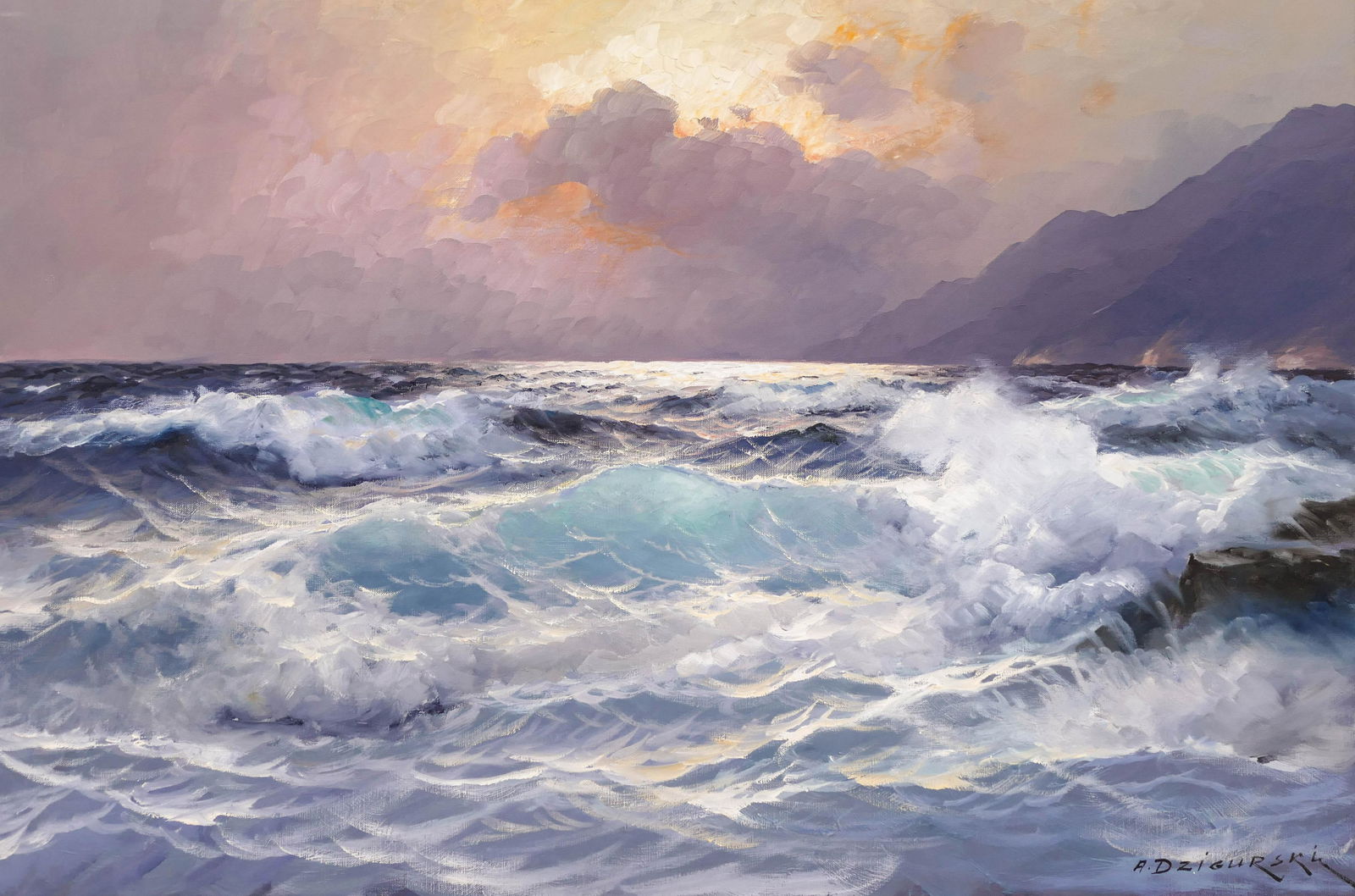 Alexander Dzigurski (1911-1995 California) ''Pacific: Alexander Dzigurski (1911-1995 California) ''Pacific Sunset'' Oil on Canvas 24''x36'' Image. Impressive crashing waves seascape composition. Signed l.r. and purchased at Frederick & Nelson in 1966 wit