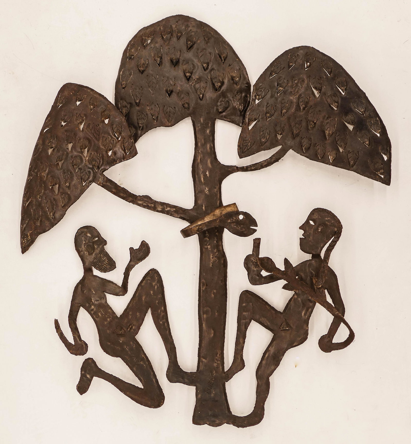 Gabriel Bien Aime (b.1951 Haitian) ''Adam & Eve with: Gabriel Bien Aime (b.1951 Haitian) ''Adam & Eve with Snake'' Cut Steel 23''x20''. A primitive wall sculpture from Haiti. Signed on front. Excellent condition.