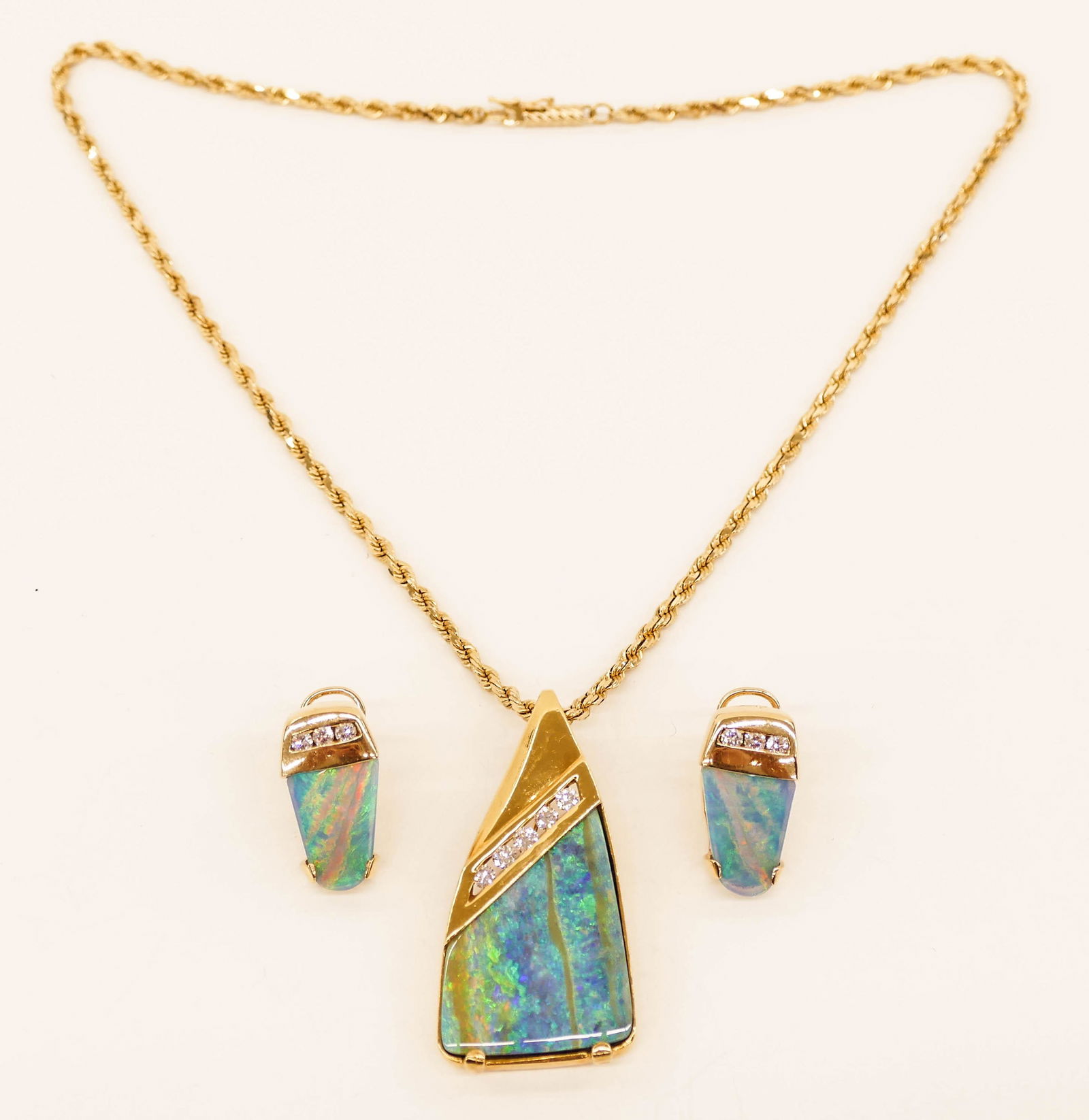Foxfire 14k Opal Diamond Pendant Necklace and Earring (1 of 4)