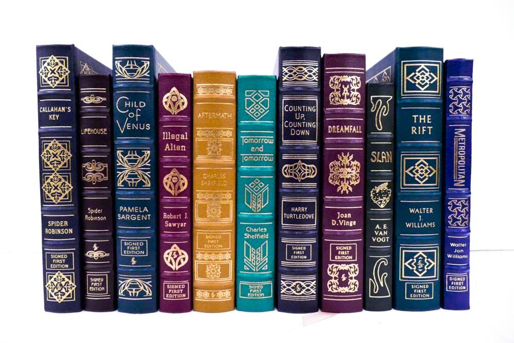 11pc Easton Press Signed First Edition Masterpieces of: 11pc Easton Press Signed First Edition Masterpieces of Science Fiction Leather Bound Books by Spider Robinson, Pamela Sargent, Charles Sheffield, Robert J. Sawyer, Harry Turtledove, A.E. Van Vogt, Joa