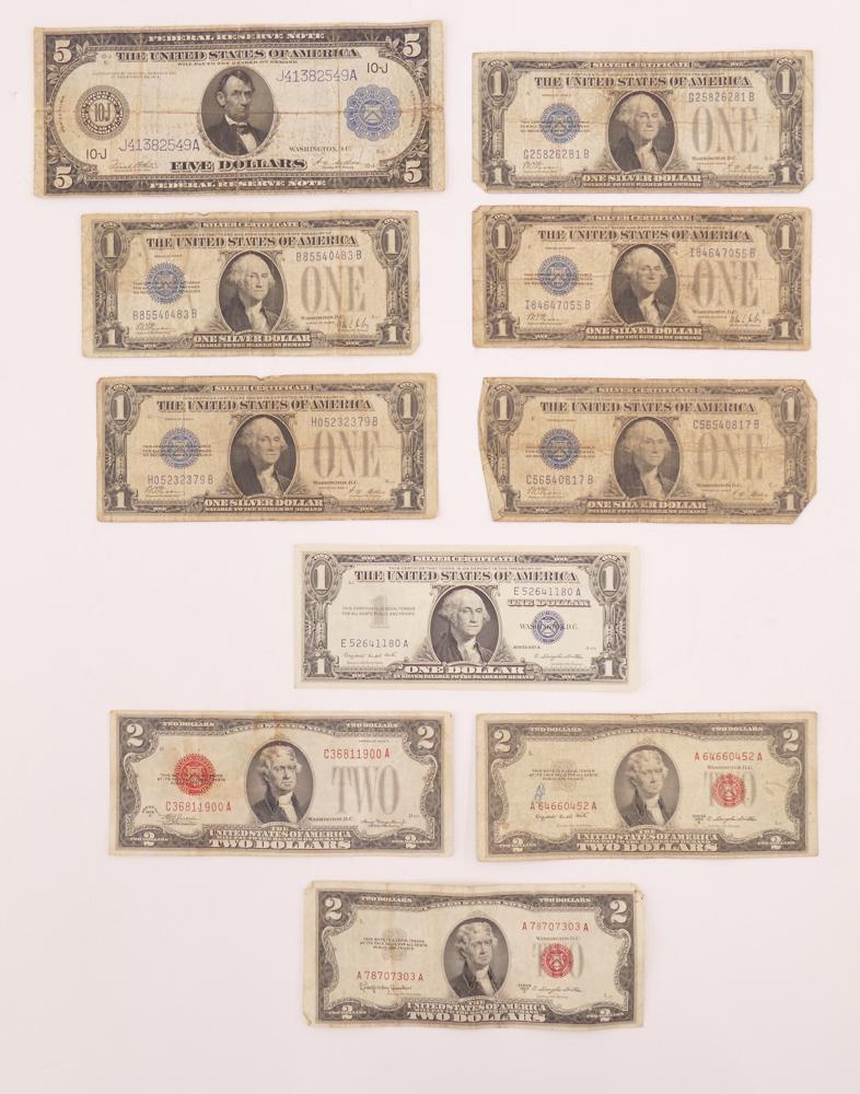 10pc US Silver Certificates and Red Seal Banknotes: 10pc US Silver Certificates and Red Seal Banknotes. Includes (7pc) US Silver Certificates w/ 1pc 1914 Five Dollar, 3pc 1928A One Dollar, 2pc 1928B One Dollar, 1pc 1957A One Dollar, 3pc Two Dollar Red 