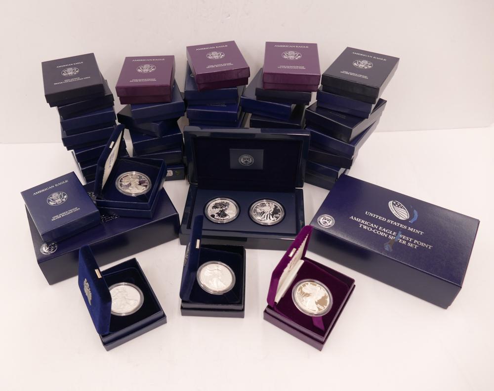 43pc US American Silver Eagle Dollar Proof &: 43pc US American Silver Eagle Dollar Proof & Uncirculated Mint Coins in Original Presentation Boxes. Pure .999 One Ounce Silver. Includes 1989S, 1990S, 1991S, 1992S, 1998P, 2pc 1999P, 2000P, 3pc 2001W