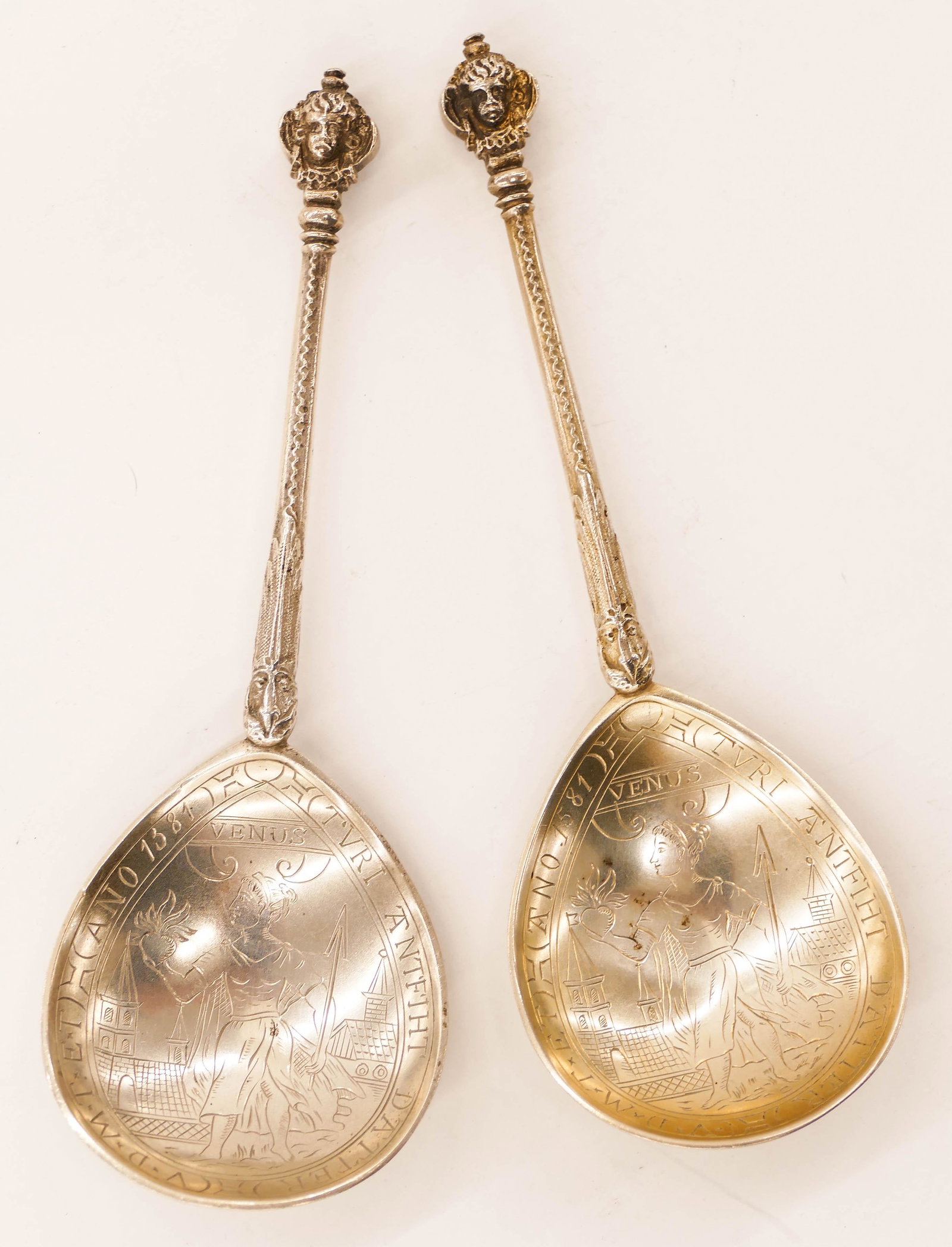 Pair Norwegian 830 Silver ''Venus'' Decorated Spoons: Pair Norwegian 830 Silver ''Venus'' Decorated Spoons 6''x2'' Each. A pair of 17th century style Renaissance spoons with engraved bowls on front and back. Marked 830S on verso. The pair weighs 95 grams