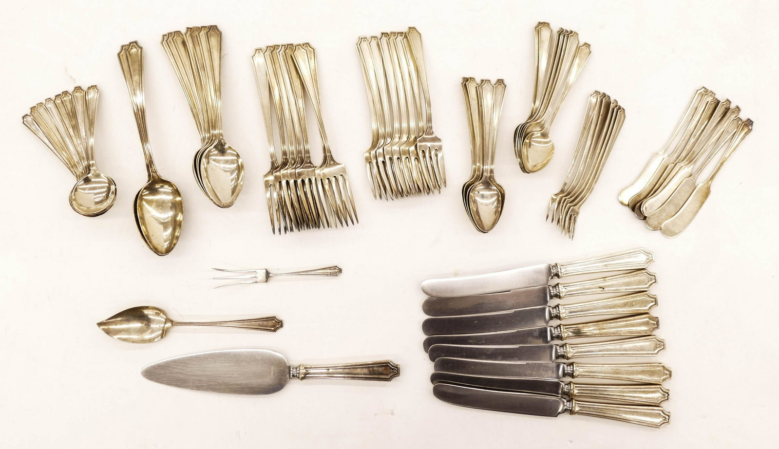 70pc Whiting ''King Albert'' Sterling Flatware Service.: 70pc Whiting ''King Albert'' Sterling Flatware Service. Includes (12) tea spoons, (8) table spoons, (9) soup spoons, (7) dinner forks, (8) salad forks, (6) cocktail forks, (7) solid butter knives, (8)