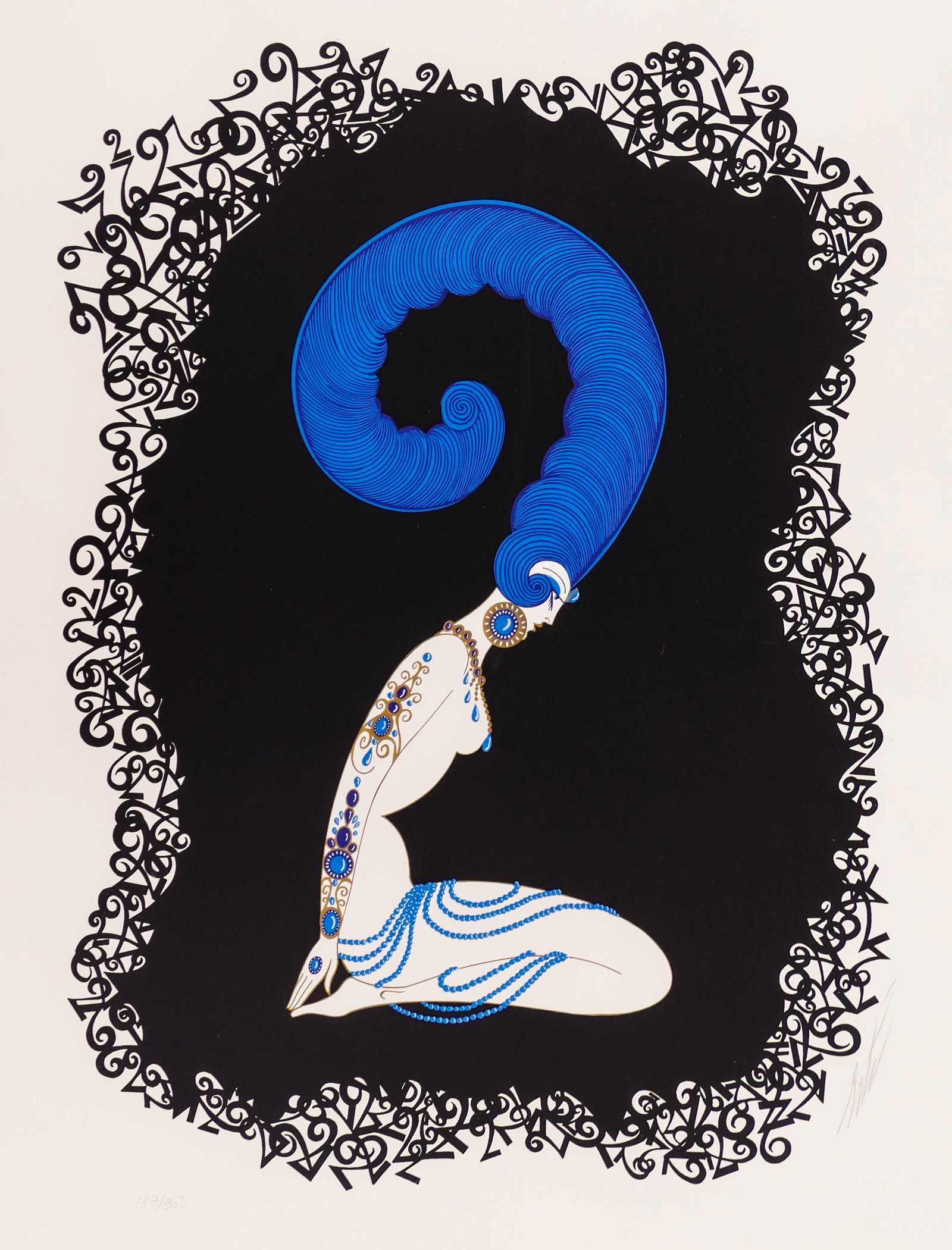 Erte ''2'' Numbers Suite 1980 Signed Screenprint Framed: Erte ''2'' Numbers Suite 1980 Signed Screenprint Framed 29''x25''. Pencil signed and numbered 187 of 350 lower margin. Silver gilt gallery framing. Slight visible mat burn at edges.
