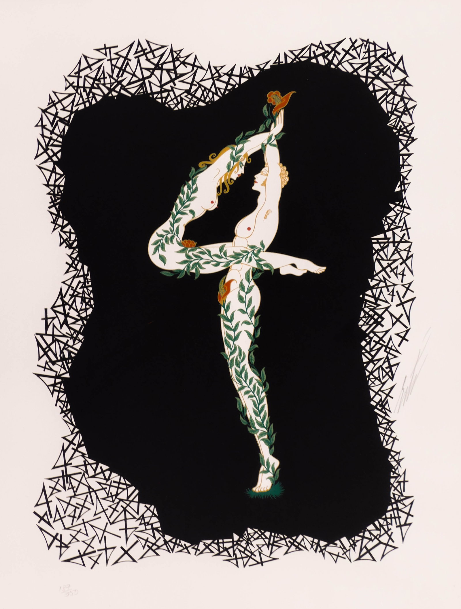 Erte ''4'' Numbers Suite 1980 Signed Screenprint Framed: Erte ''4'' Numbers Suite 1980 Signed Screenprint Framed 29''x25''. Pencil signed and numbered 187 of 350 lower margin. Silver gilt gallery framing. Slight visible mat burn at edges.