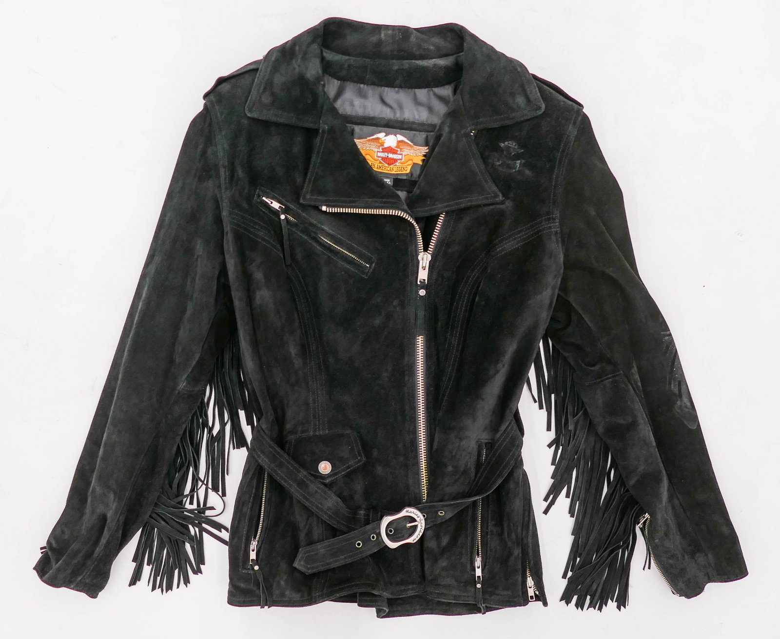 Women's Harley Davidson Black Suede Motorcycle Jacket: Women's Harley Davidson Black Suede Motorcycle Jacket Size Large. Fringe on arms and back panel. Light wear from use.