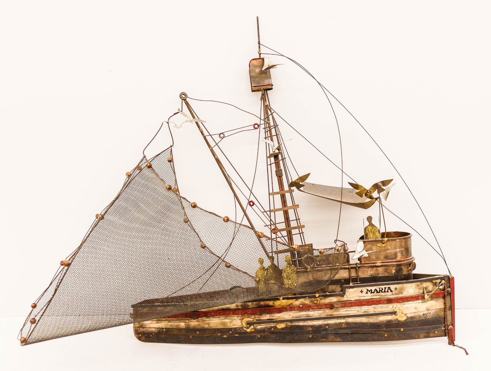 Curtis Jere Gillnetter Fishing Boat Metal Wall: Curtis Jere Gillnetter Fishing Boat Metal Wall Sculpture 30''x38''. A mid century modern fabricated metal sculpture. Signed on end. Overall excellent condition. (LM)