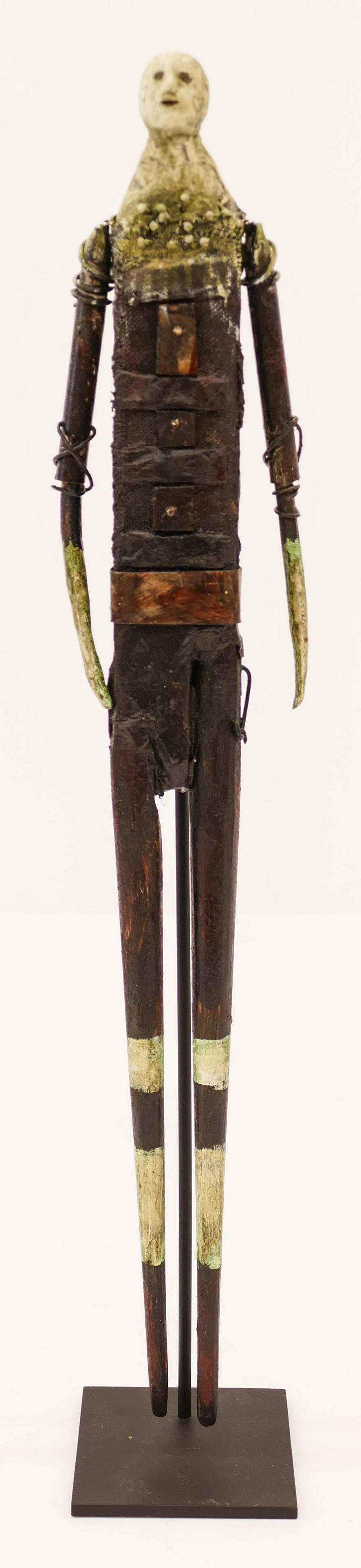 Terry Turrell (b.1946 Washington) Untitled 2004 Mixed: Terry Turrell (b.1946 Washington) Untitled 2004 Mixed Media Sculpture 13''x3''. An elongated figured composed of painted wood, canvas, nails, and metal wire. Comes on fitted display stand 18.5'' total
