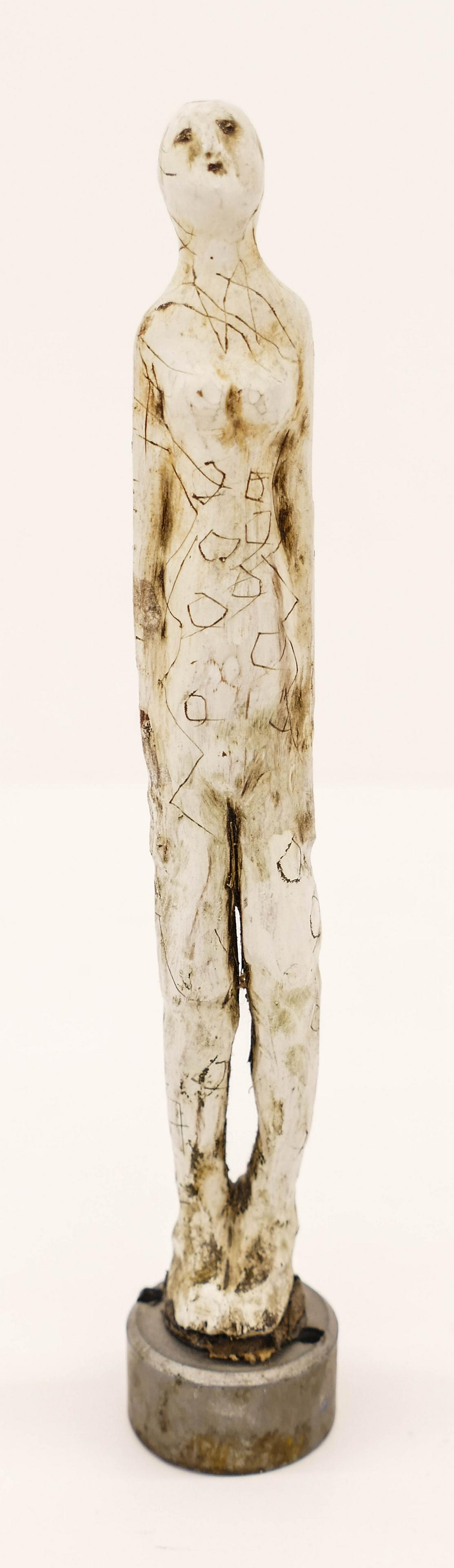 Terry Turrell (b.1946 Washington) ''Hopeful'' 1997: Terry Turrell (b.1946 Washington) ''Hopeful'' 1997 Mixed Media Sculpture 7.25''x1''. An elongated figured composed of painted and carved wood. Signed on bottom. Excellent condition. Collection of Mark