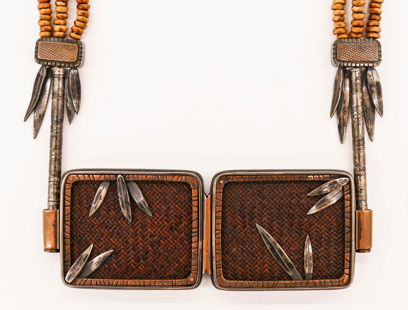 Kiff Slemmons (b.1944 American) ''Kurasawa Shades'' Art: Kiff Slemmons (b.1944 American) ''Kurasawa Shades'' Art Necklace 14''x5''. Composed of sterling silver, copper, Tibetan bone beads, and a fragment of a Chinese Ming Dynasty chair seat. Pendant has a s