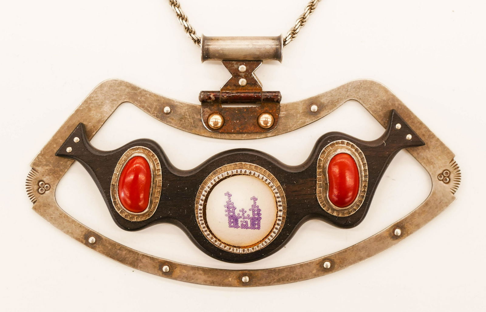 Unknown Art Jeweler Silver Pendant Necklace: Unknown Art Jeweler Silver Pendant Necklace 2.5''x4.25''. A hand fabricated sterling pendant with ebony and applied found objects. Signed on verso ''JB 2008''. Excellent condition. Search terms: Ramon