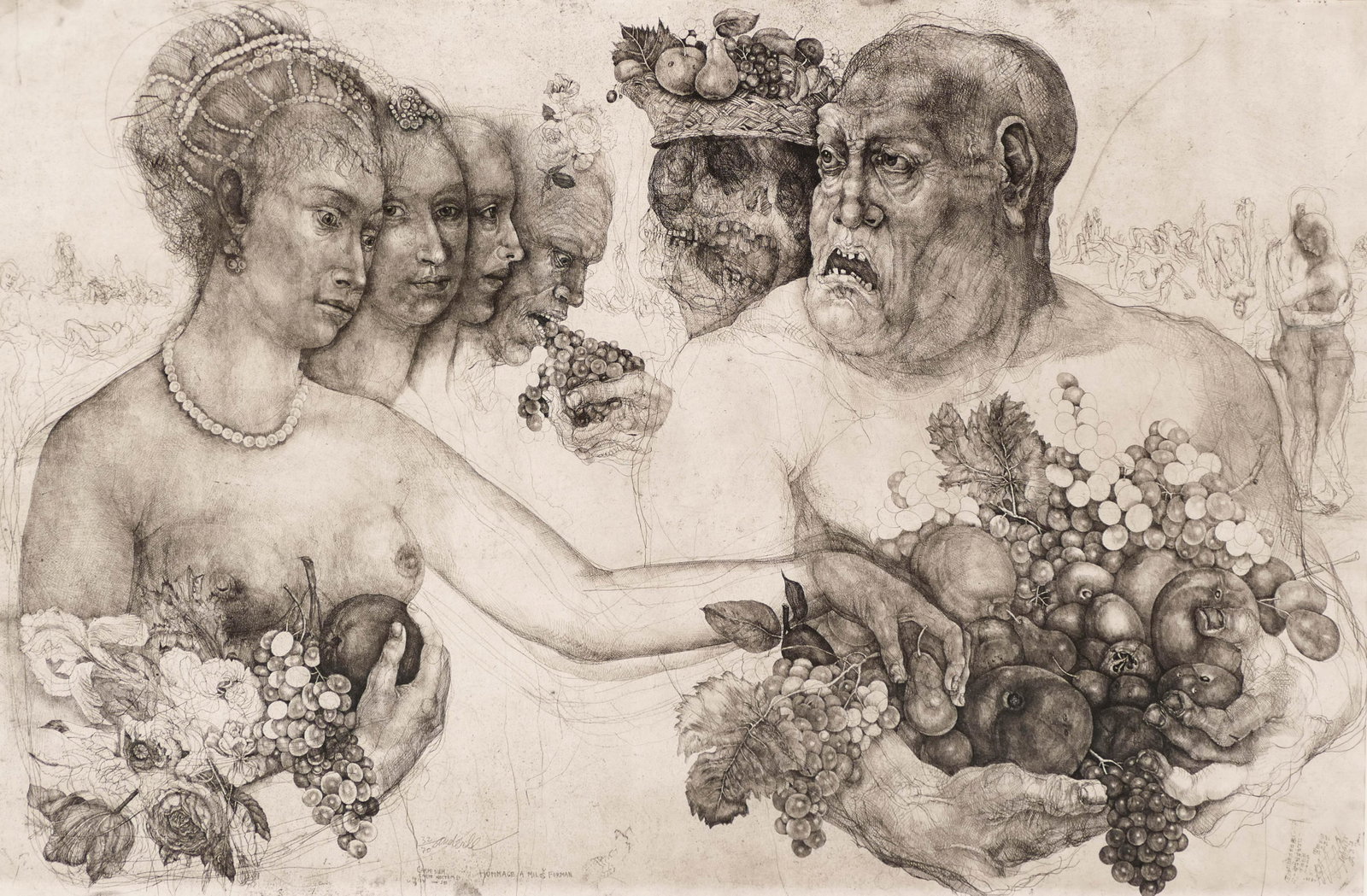 Jiri Anderle (b.1936 Czech Republic) ''Carpe Diem,: Jiri Anderle (b.1936 Czech Republic) ''Carpe Diem, Carpe Nactem: Homage A Milos Forman'' 1988 Etching 25''x37'' Sight. Pencil signed and numbered 32 of 70 lower image. Allison & Ross Fine Framing 33.5