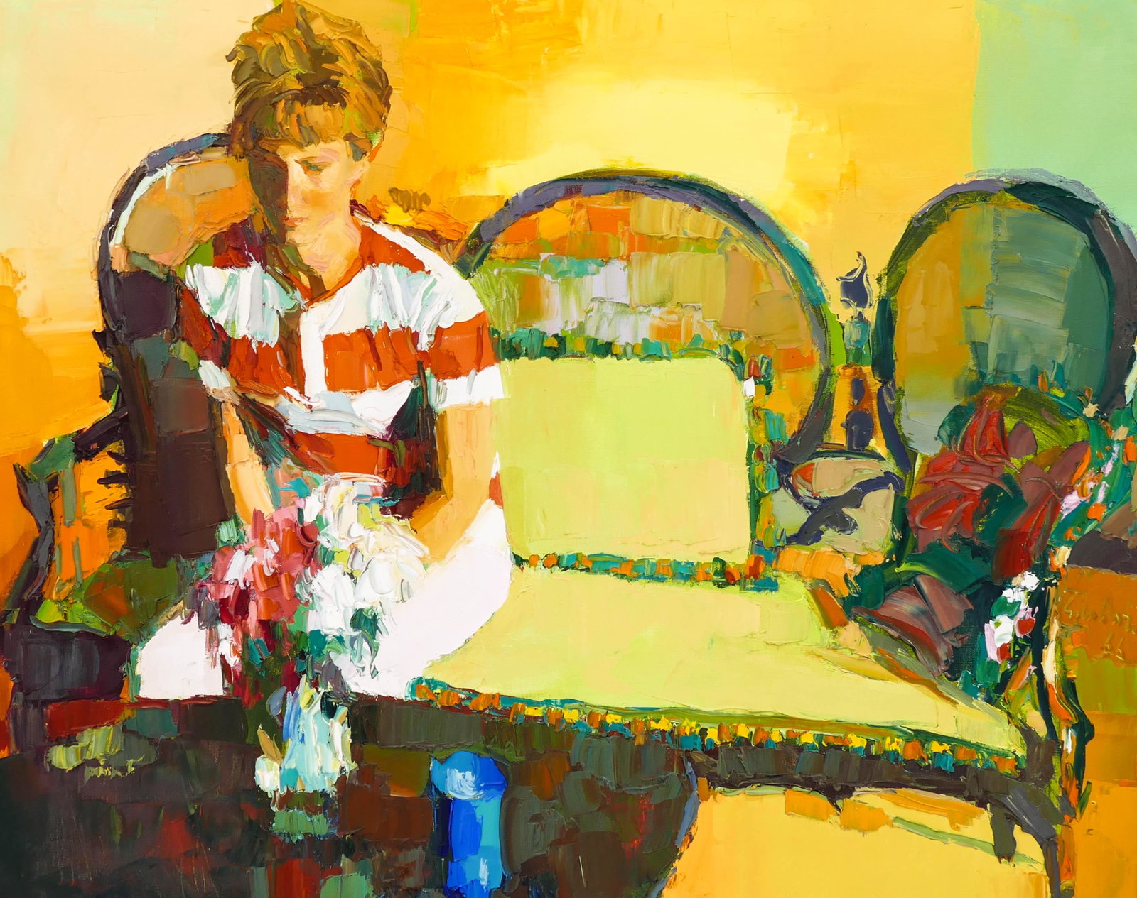Nicola Simbari (1927-2012 Italian) ''Woman in: Nicola Simbari (1927-2012 Italian) ''Woman in Interior'' 1966 Oil on Canvas 31.5''x39.5'' Image. An early and colorful impressionist composition. Signed and dated l.r. Original framing 38''x46''. Exce